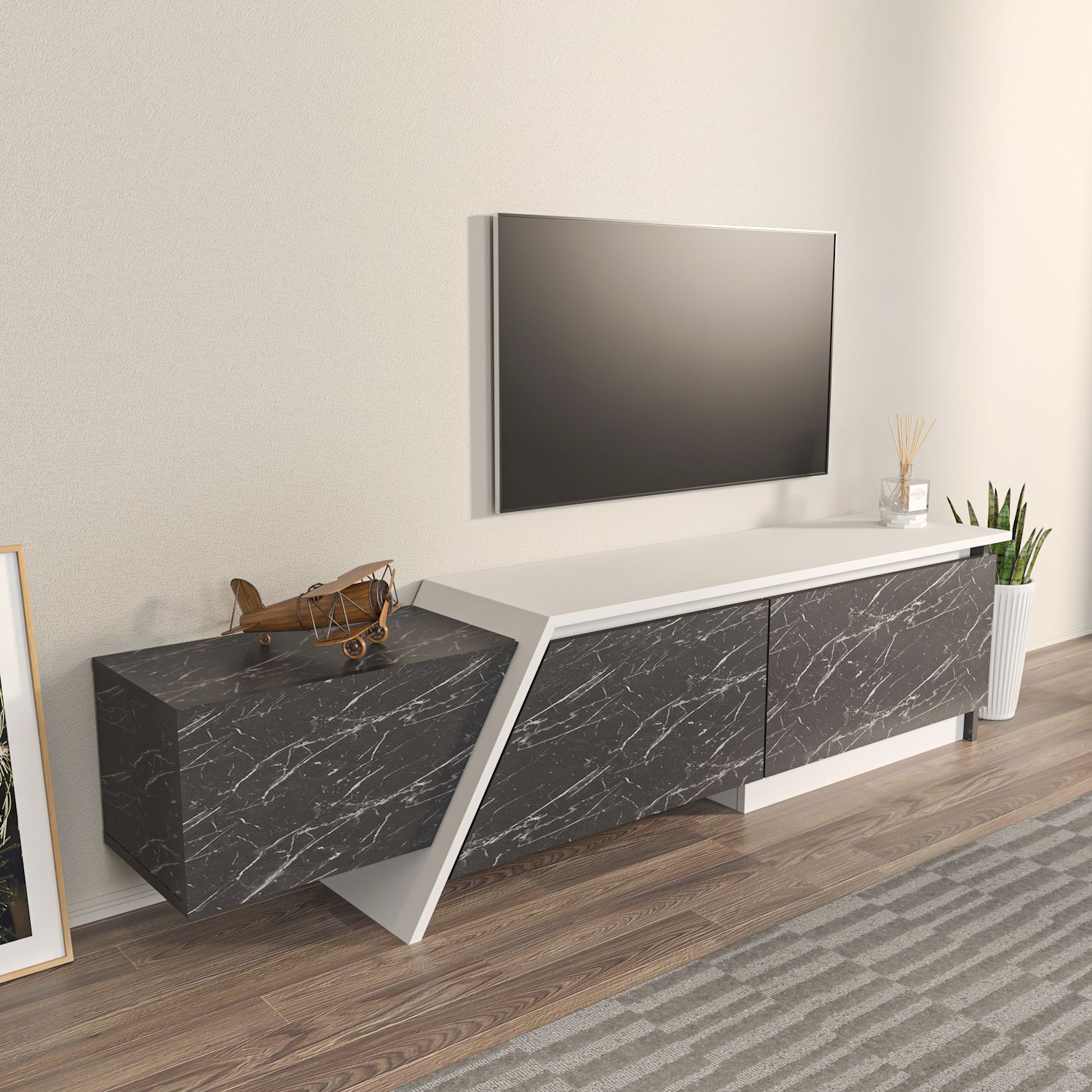 Comodă TV Hanah Home, PAL melaminat, 180 x 35 x 28.6 cm, gri/alb, 875ZNA5334 — imaginea 3
