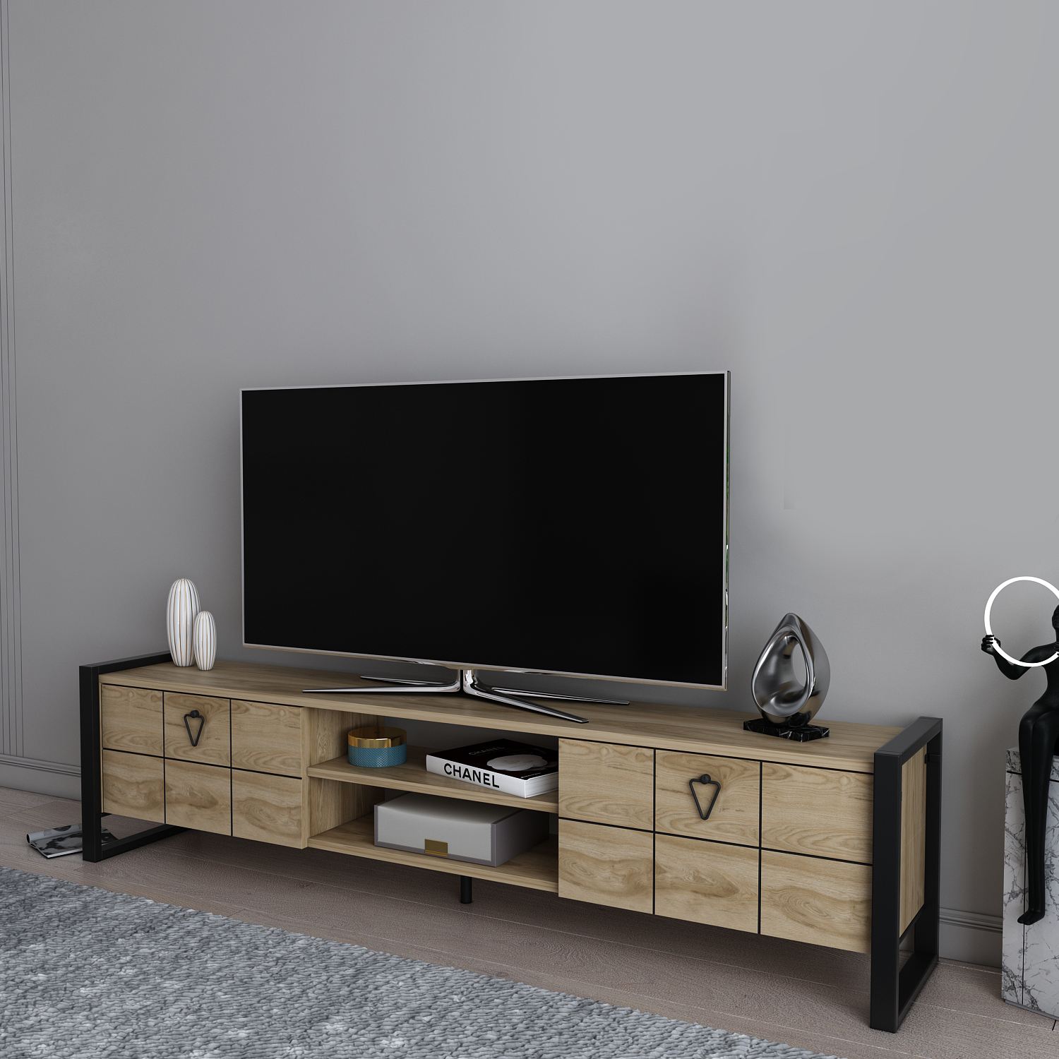 Comodă TV Hanah Home, PAL melaminat, 184 x 34 x 45 cm, oud stejar/negru, 875ZNA5321 — imaginea 3