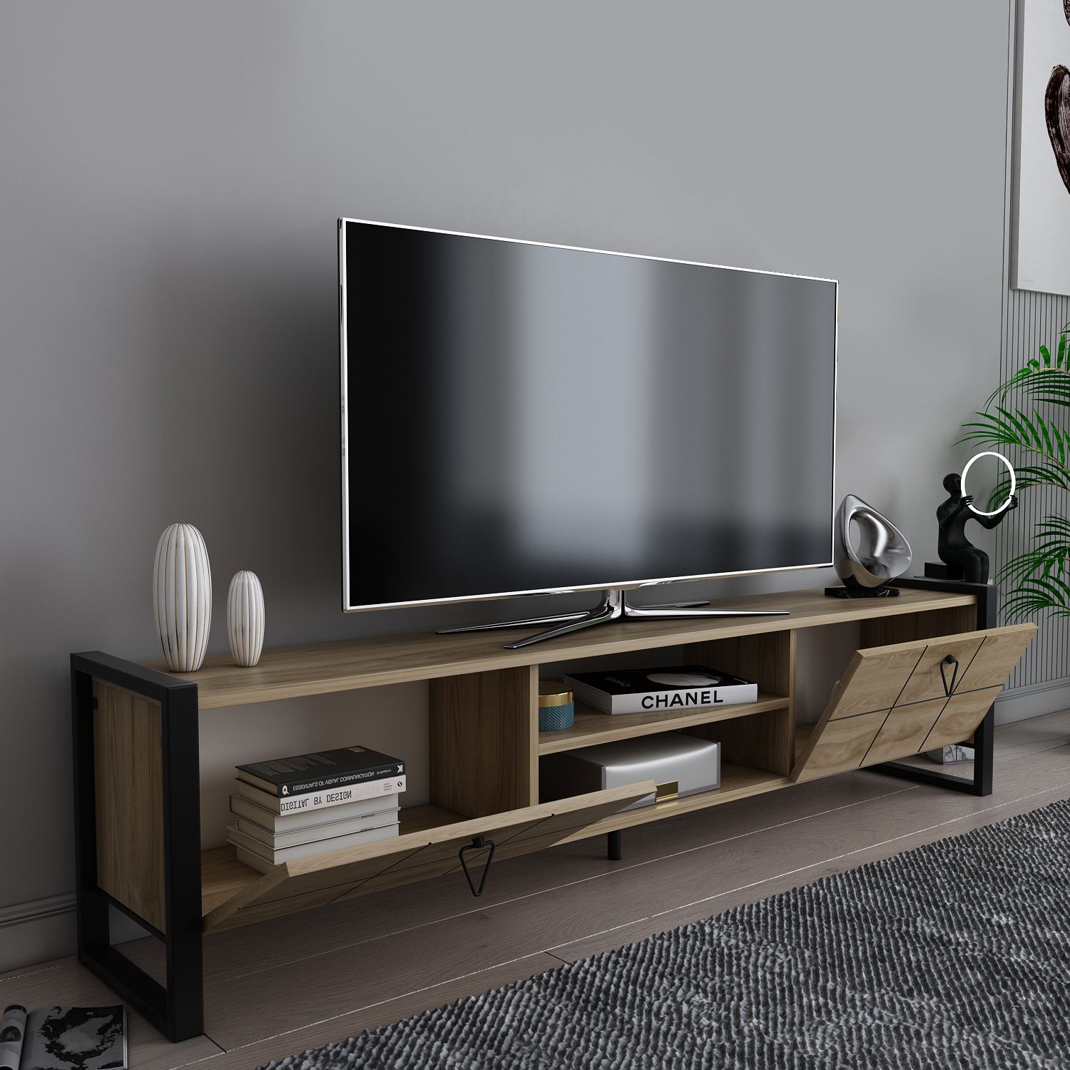 Comodă TV Hanah Home, PAL melaminat, 184 x 34 x 45 cm, oud stejar/negru, 875ZNA5321 — imaginea 5