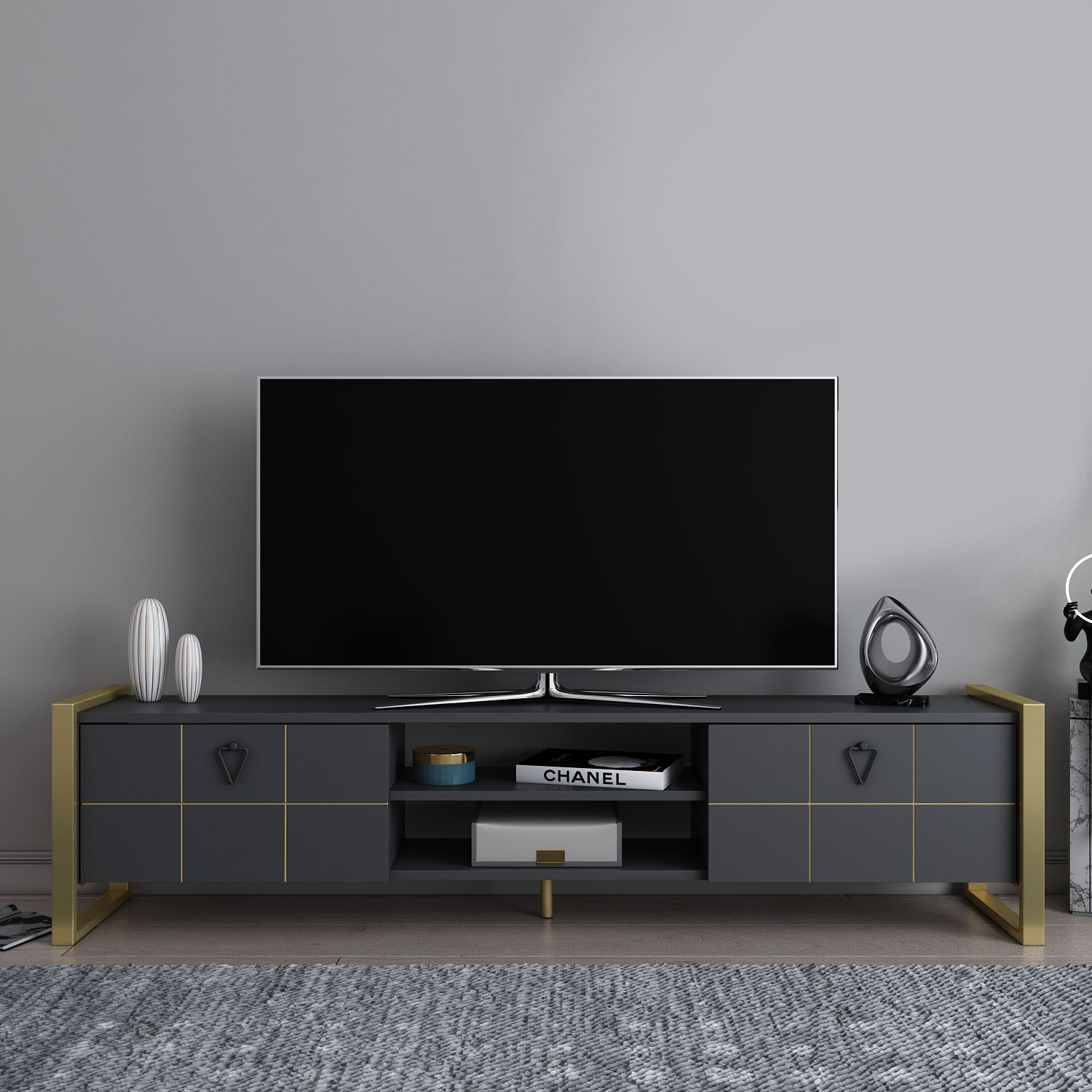 Comodă TV Hanah Home, PAL melaminat, 184 x 34 x 45 cm, antracit/auriu, 875ZNA5320 — imaginea 2