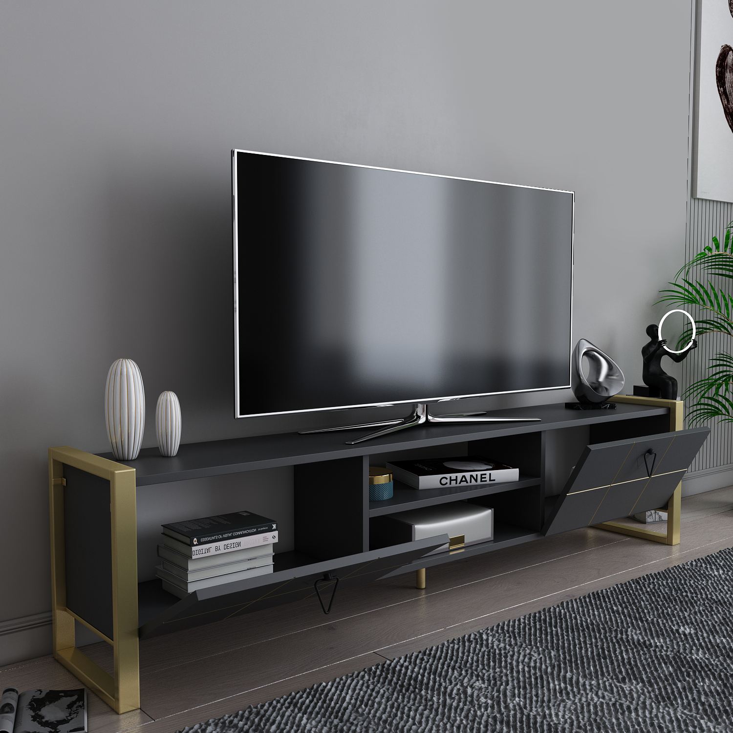 Comodă TV Hanah Home, PAL melaminat, 184 x 34 x 45 cm, antracit/auriu, 875ZNA5320 — imaginea 4