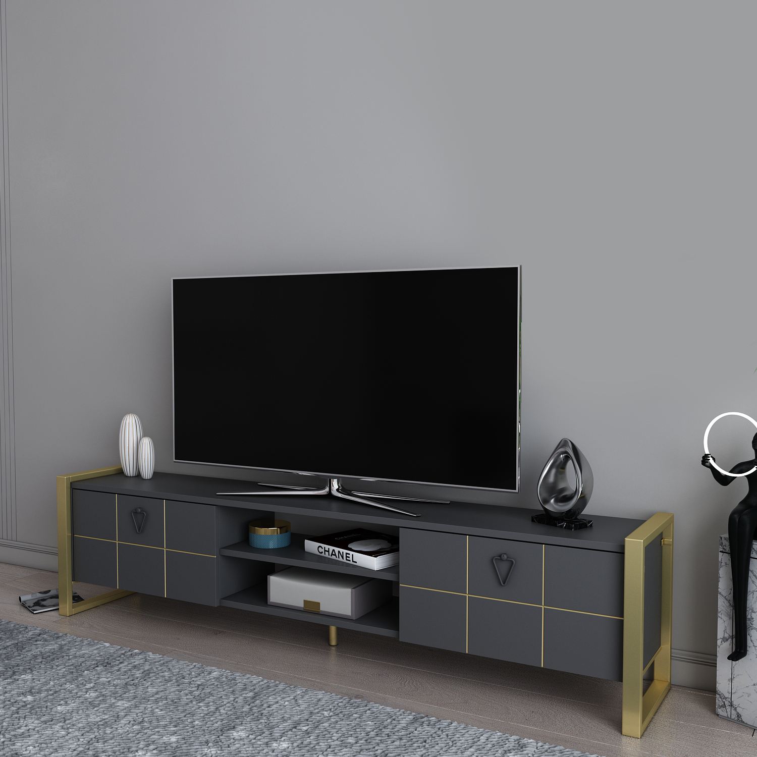 Comodă TV Hanah Home, PAL melaminat, 184 x 34 x 45 cm, antracit/auriu, 875ZNA5320 — imaginea 5