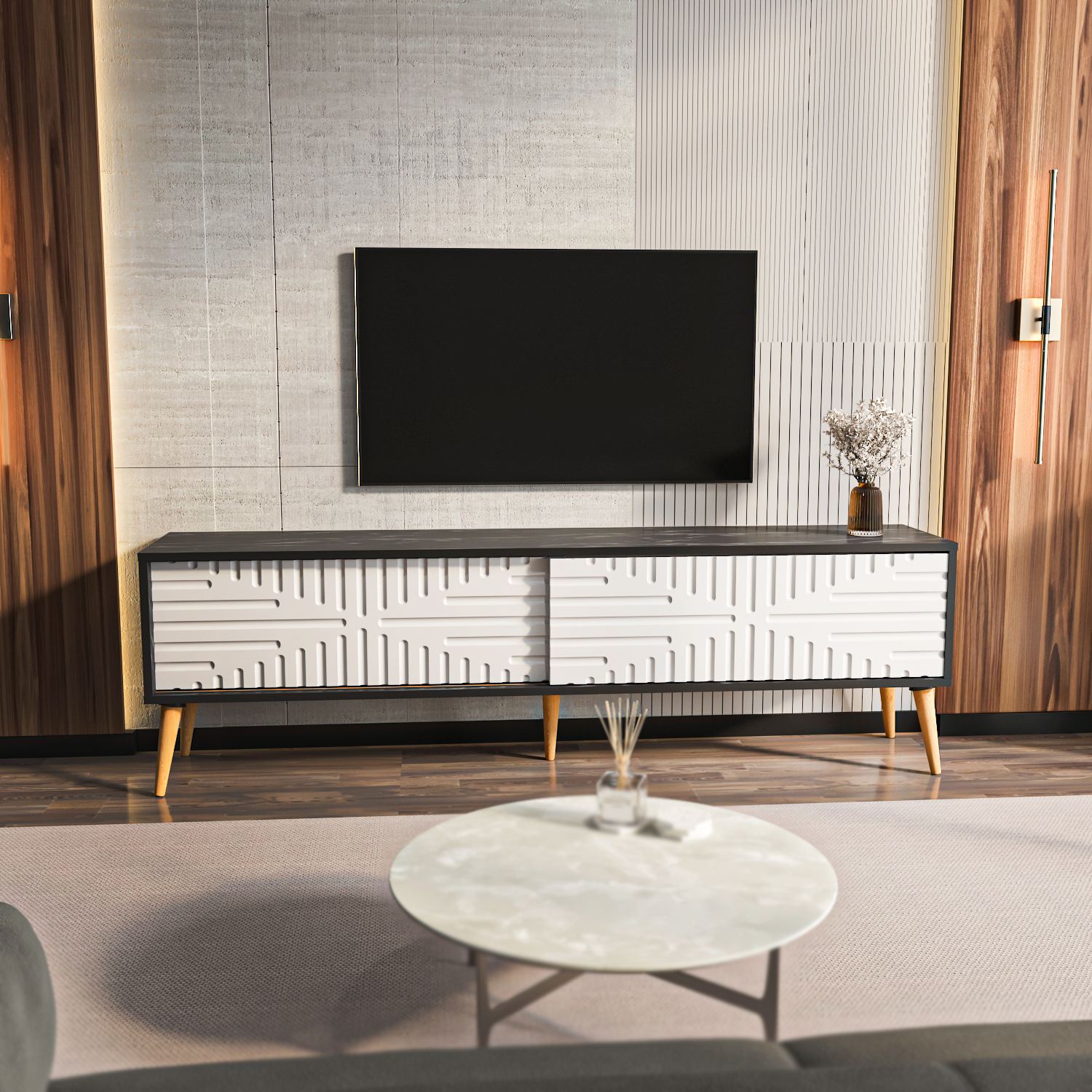 Comodă TV Hanah Home, PAL melaminat, 180 x 35 x 54 cm, negru/alb, 875ZNA5317 — imaginea 2