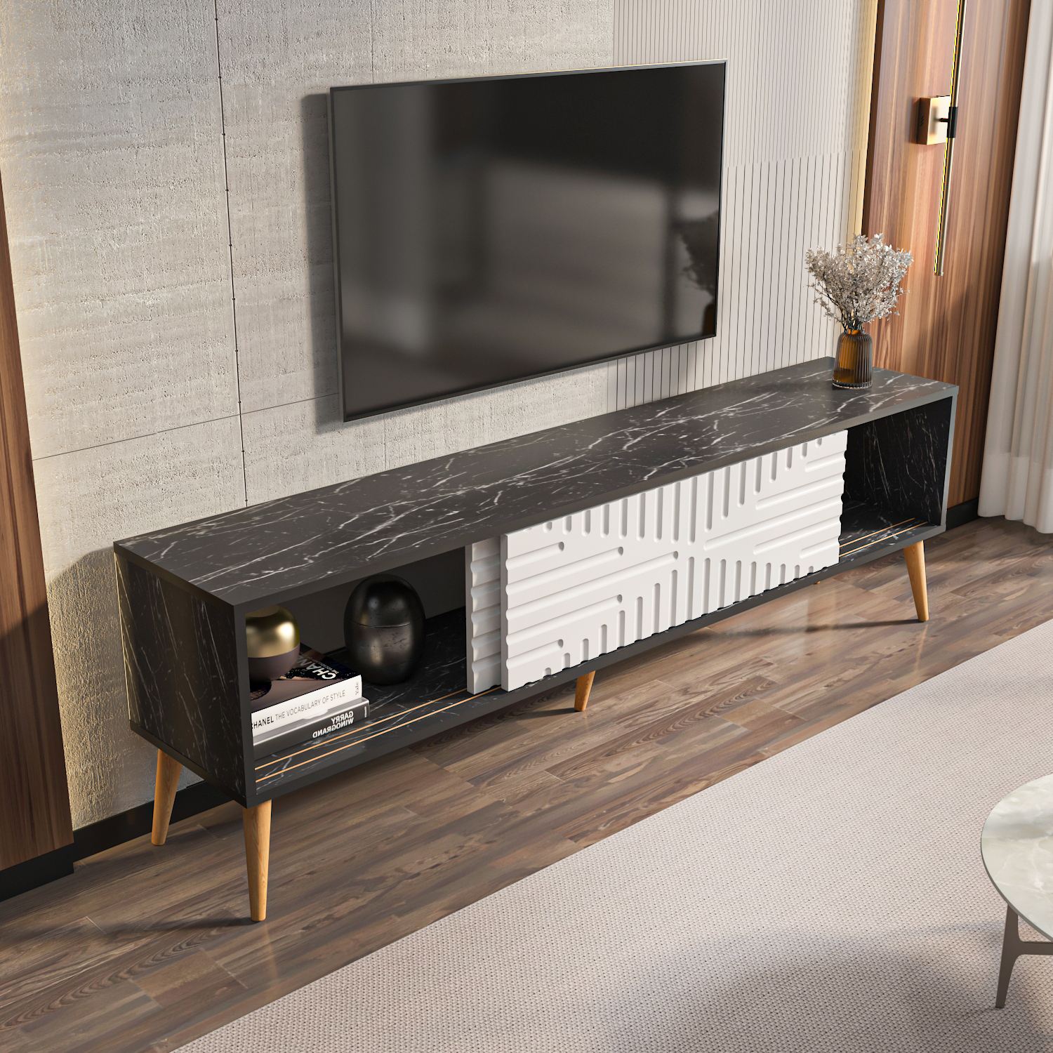 Comodă TV Hanah Home, PAL melaminat, 180 x 35 x 54 cm, negru/alb, 875ZNA5317 — imaginea 3