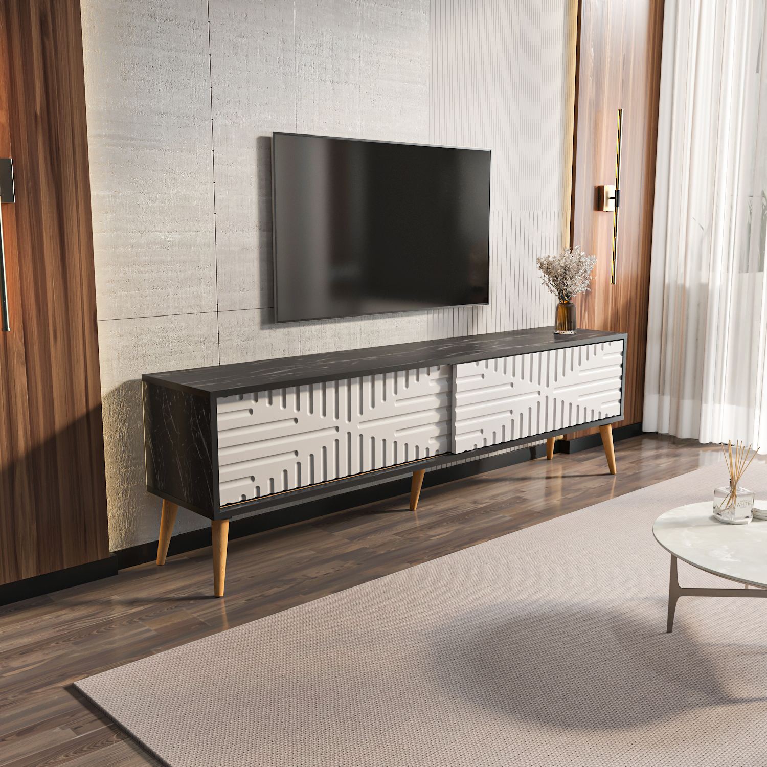 Comodă TV Hanah Home, PAL melaminat, 180 x 35 x 54 cm, negru/alb, 875ZNA5317 — imaginea 4