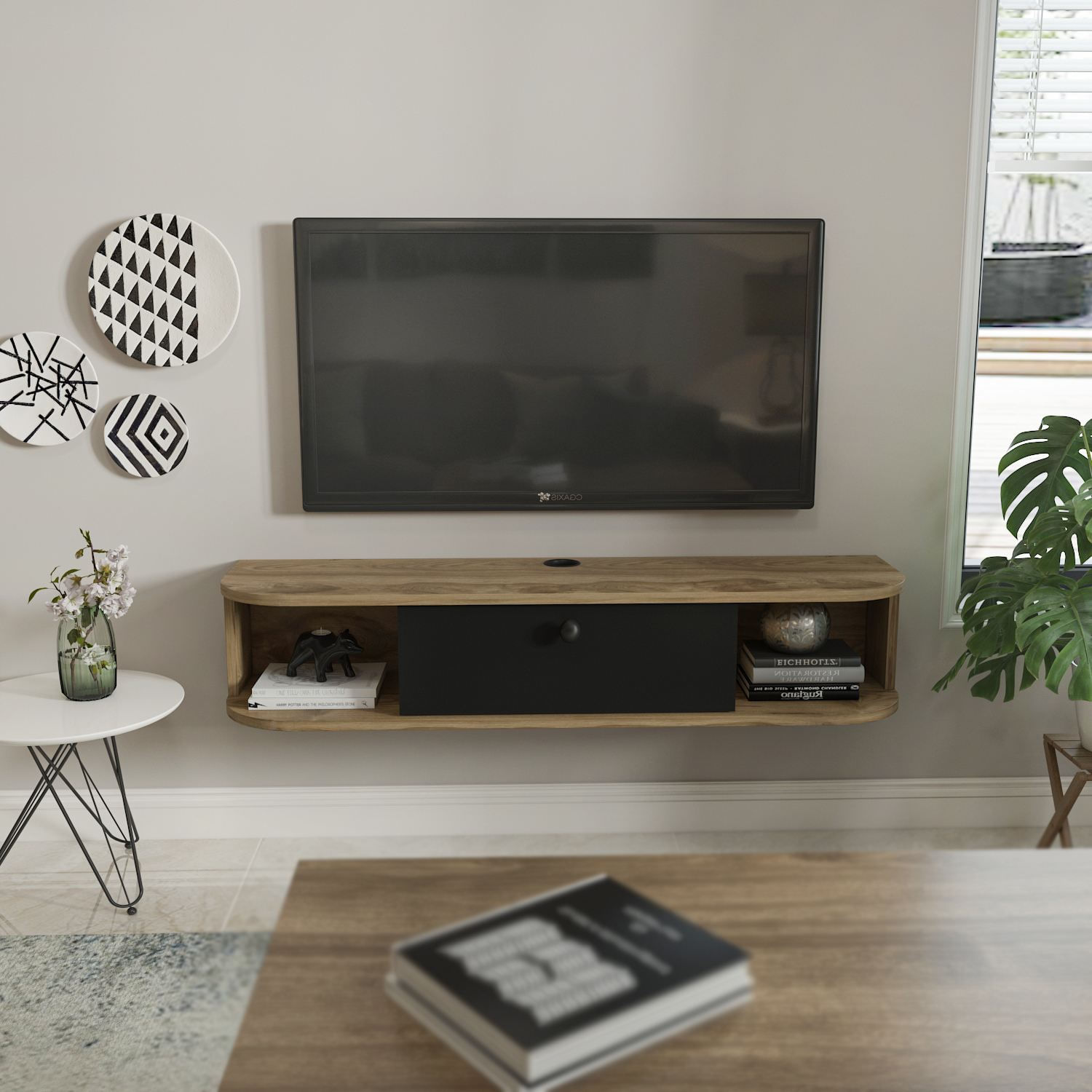 Comodă TV Hanah Home, PAL melaminat, 120 x 29.6 x 23.4 cm, negru/oud stejar, 875ZNA5366