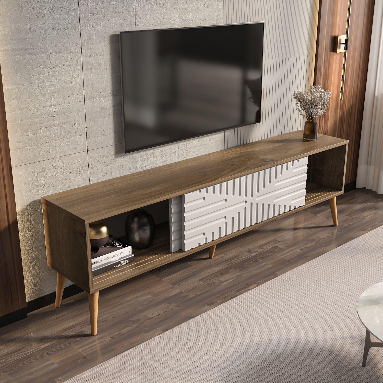 Comodă TV Hanah Home, PAL melaminat, 180 x 35 x 54 cm, nuc/alb, 875ZNA5318 — imaginea 3