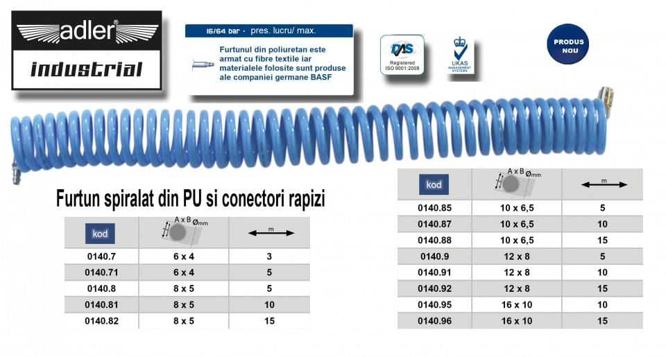Furtun spiralat conectori aer comprimat din PU 8 x 5mm; 5m; 12-37 bari. ADLER AD0140.8 — imaginea 3