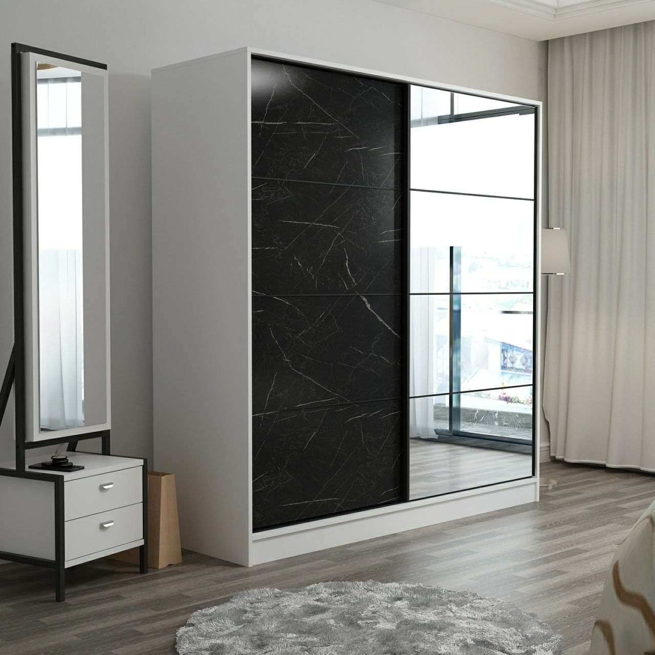 Dulap Hanah Home, PAL melaminat, 180 x 52 x 210 cm, alb/negru, 506MNR2630 — imaginea 6