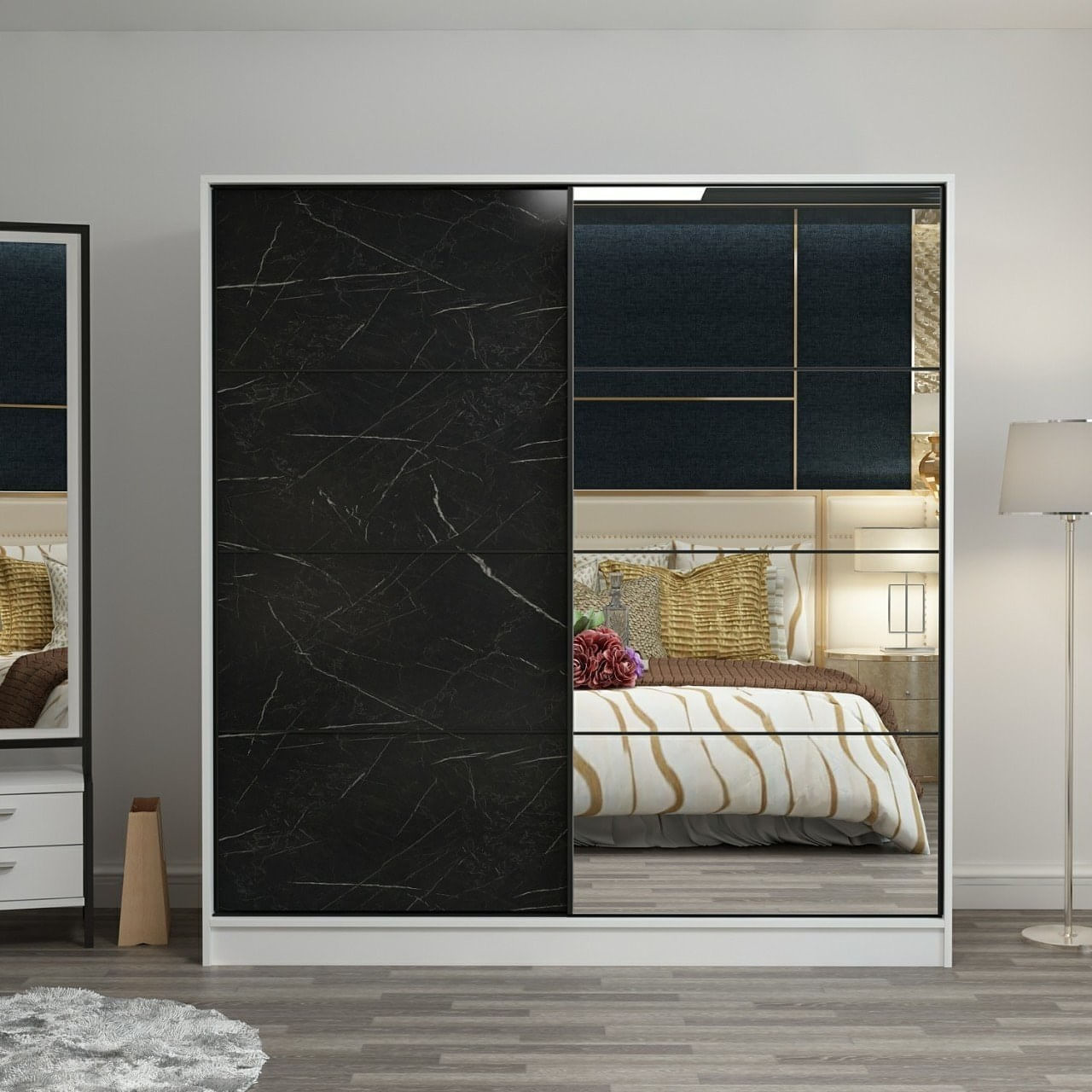 Dulap Hanah Home, PAL melaminat, 180 x 52 x 210 cm, alb/negru, 506MNR2630 — imaginea 7
