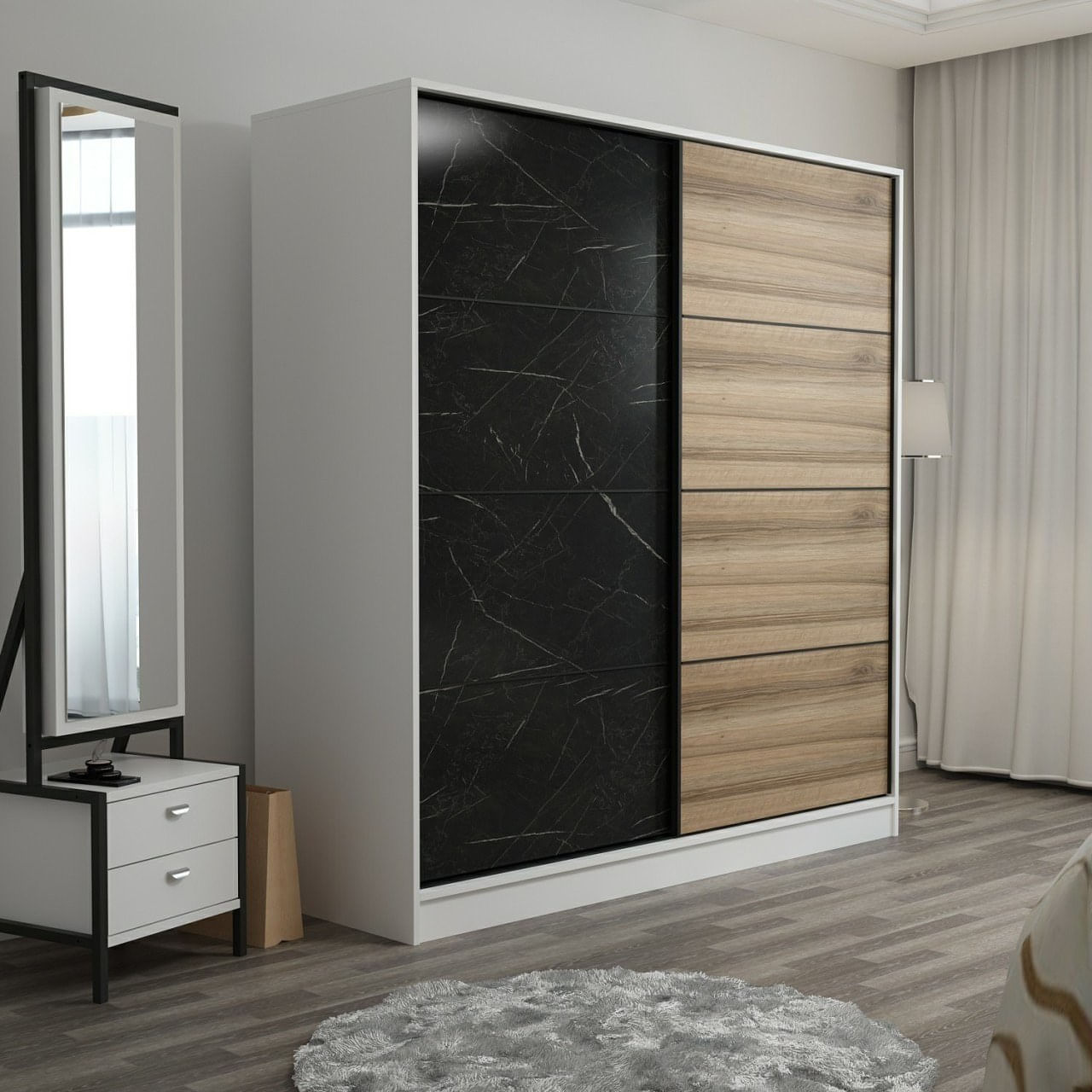 Dulap Hanah Home, PAL melaminat, 220 x 52 x 210 cm, alb/negru, 506MNR2548 — imaginea 6