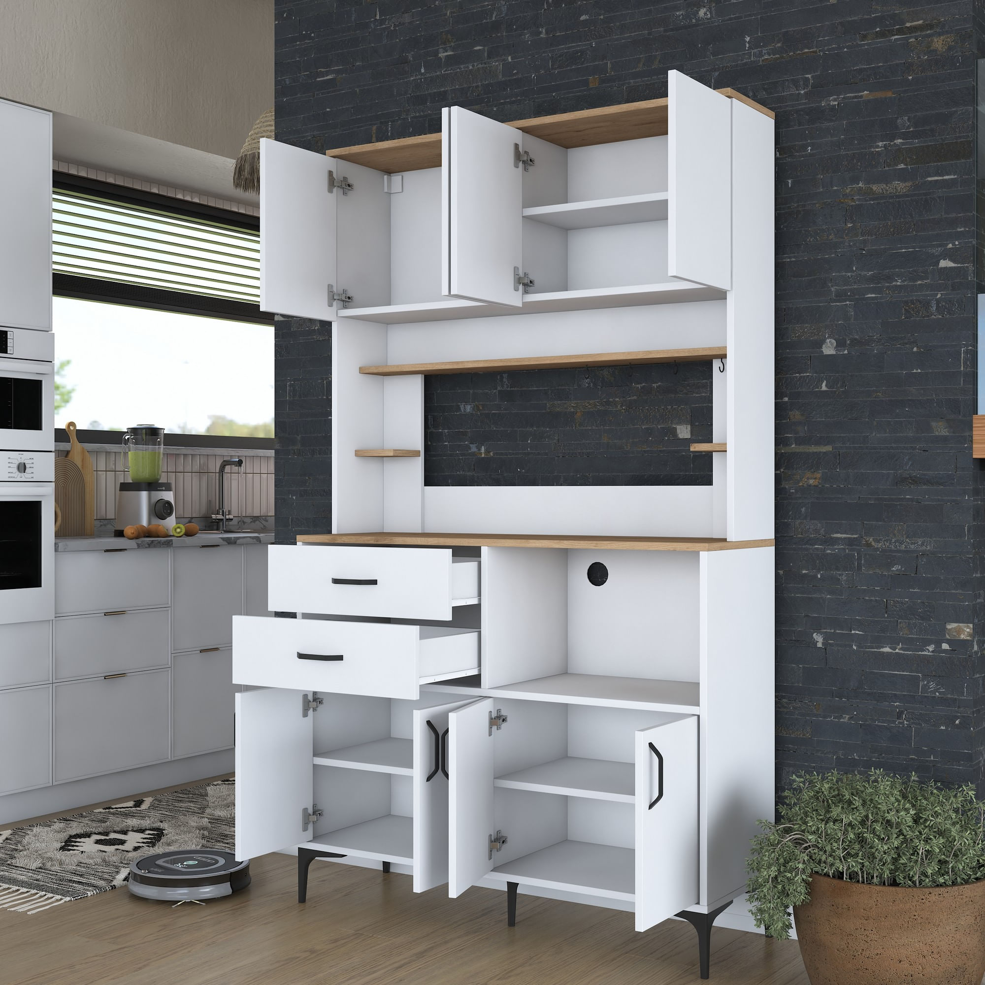 Dulap multifuncțional Hanah Home, PAL melaminat, 120 x 40 x 204.2 cm, nuc/alb, 893RAN4978 — imaginea 7