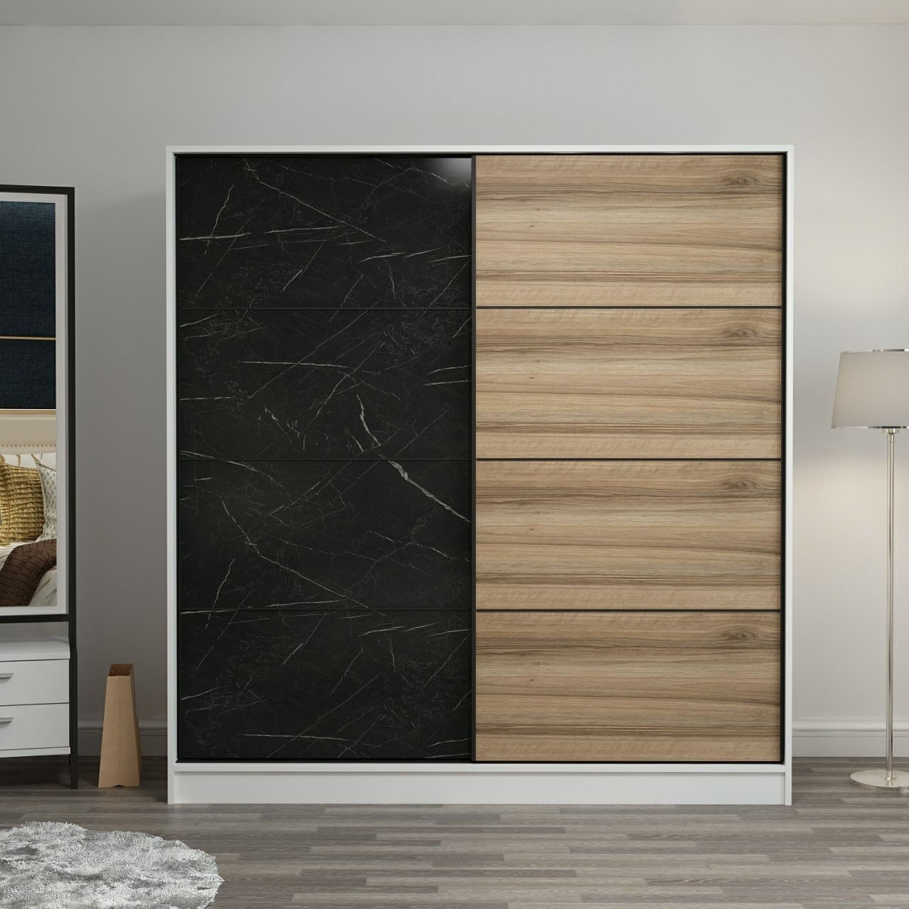 Dulap Hanah Home, PAL melaminat, 180 x 52 x 190 cm, alb/negru/dore, 506MNR2523 — imaginea 2