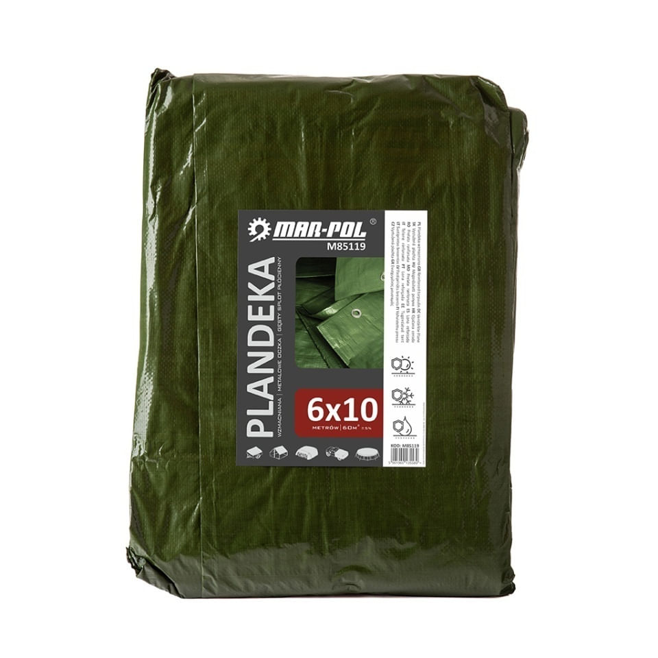 Prelata verde de acoperire Mar-Pol 6x10 m, 120 g/mp, cu capse metalice si colturi intarite pentru protectie la exterior — imaginea 4
