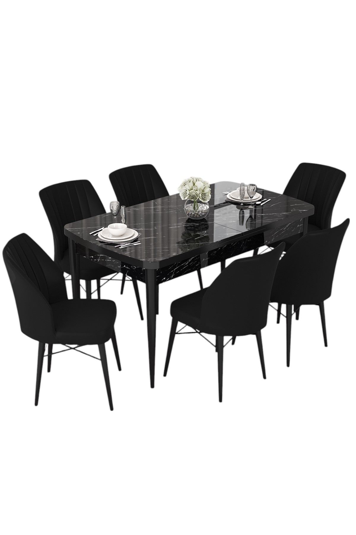 Set masă extensibilă cu scaune (7 bucăți) Hanah Home, MDF, 114 x 70 x 78 cm, negru marble/negru, 240CHR2524