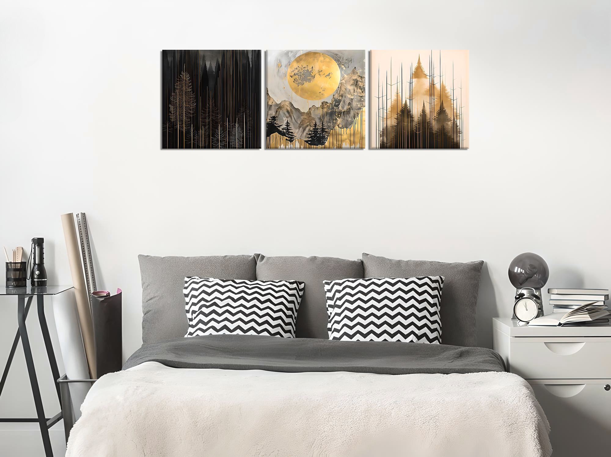 Set tablouri pânză (3 bucăți) Wallxpert, lemn, 30 x 30 cm, auriu/negru, 463SNT1374