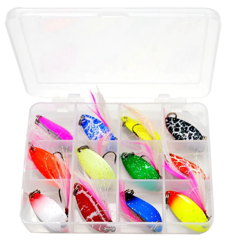 Set 12 lingurite oscilante metal FISHINGBOX, rapitor, spinning, pastrav clean biban stiuca, ultralight