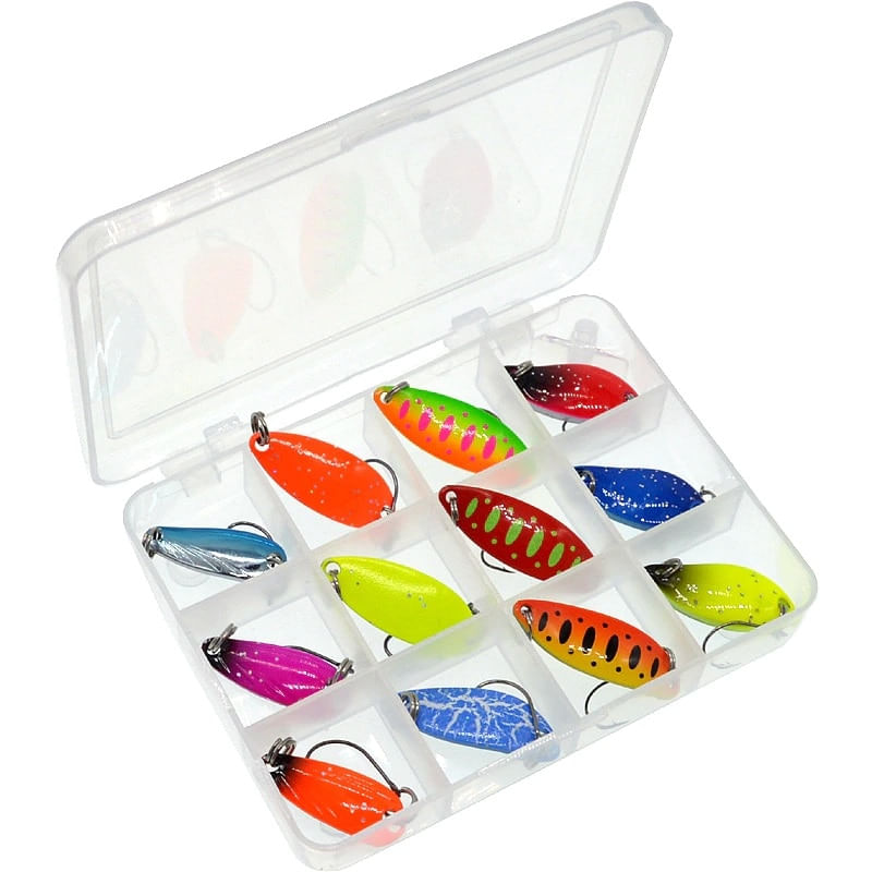 Set 12 lingurite metalice FISHINGBOX, momeli rapitori, spinning, pastrav biban avat stiuca, ultralight