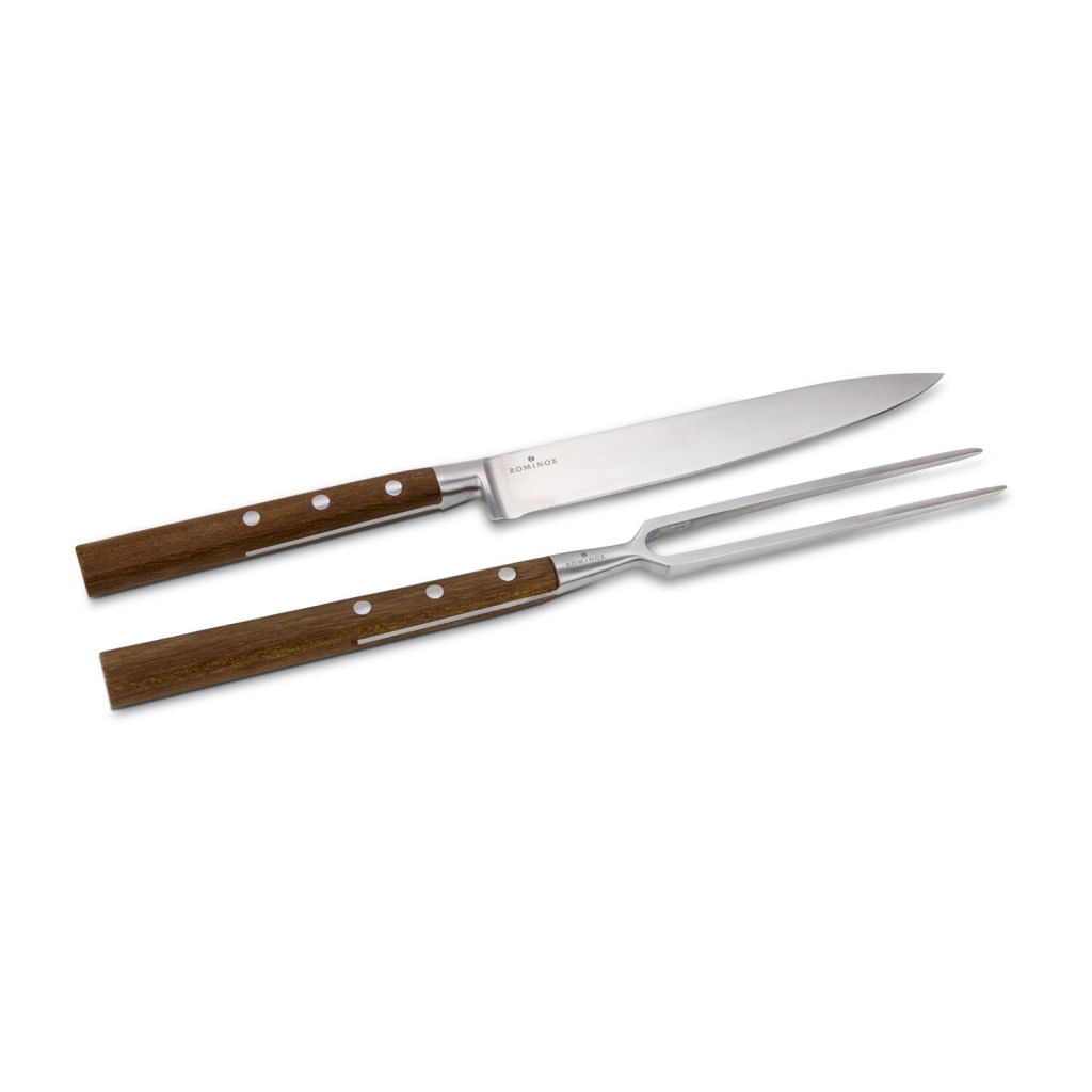 Set transare Rominox Scolpi, cutit si furculita, lemn piersic, cutie cadou, 32 cm, inox — imaginea 3