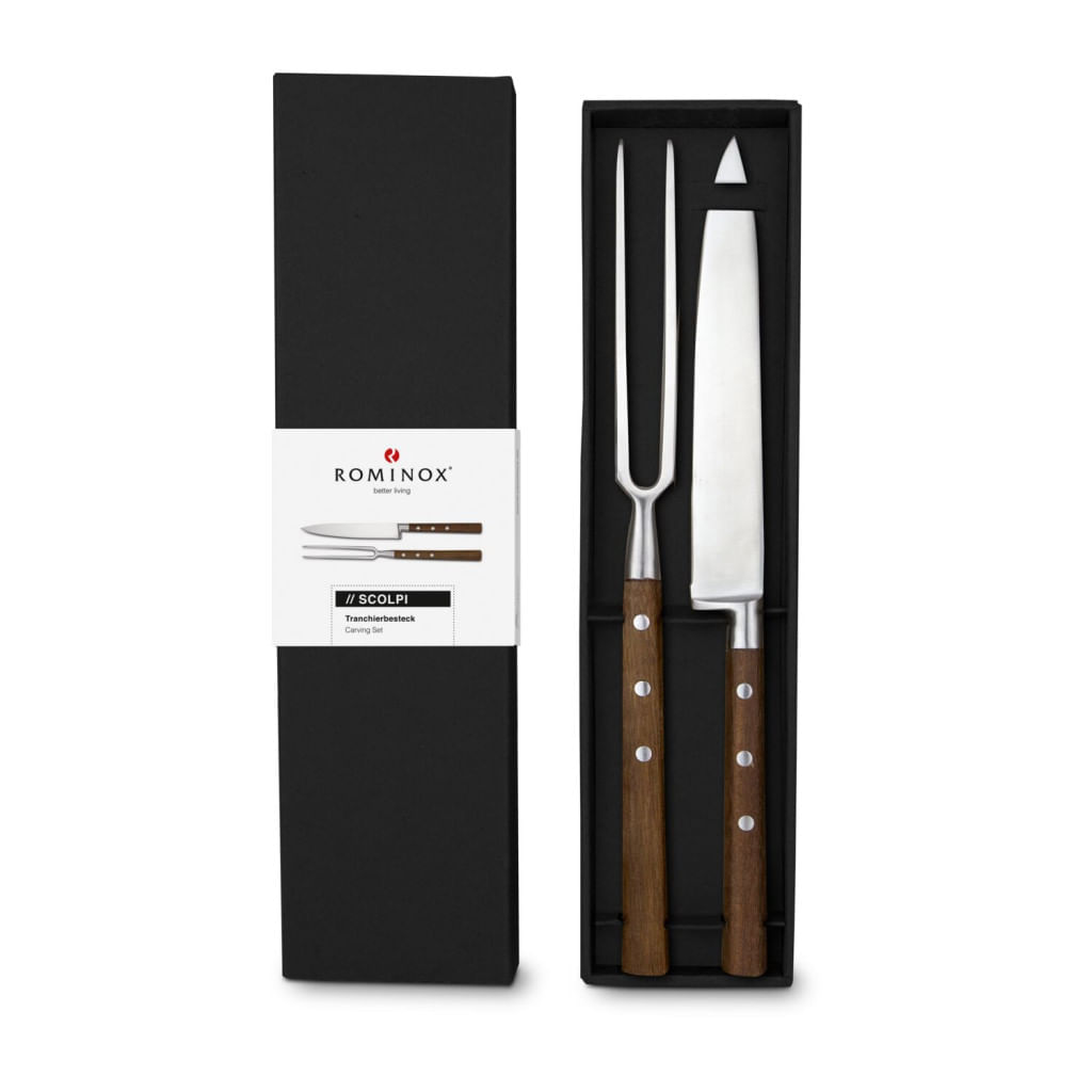 Set transare Rominox Scolpi, cutit si furculita, lemn piersic, cutie cadou, 32 cm, inox — imaginea 4