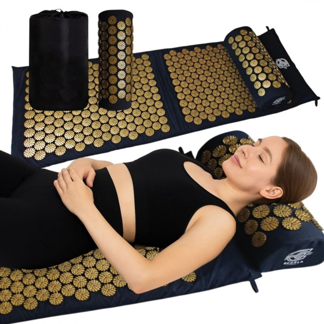 Saltea acupresura cu perna, pentru masaj si relaxare, Ecarla, 116x43 cm, negru-auriu, cu husa transport — imaginea 2
