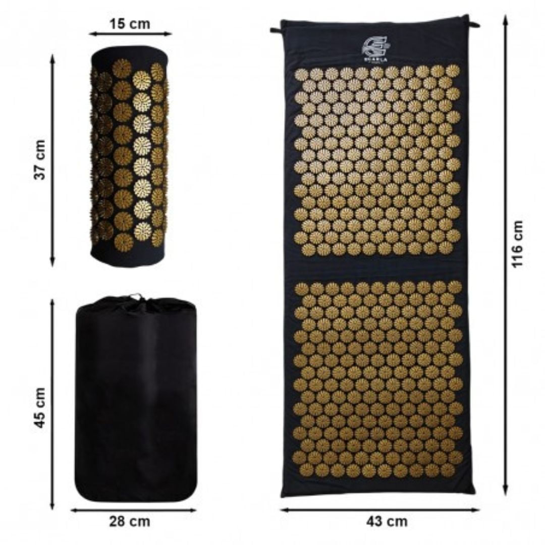 Saltea acupresura cu perna, pentru masaj si relaxare, Ecarla, 116x43 cm, negru-auriu, cu husa transport — imaginea 3