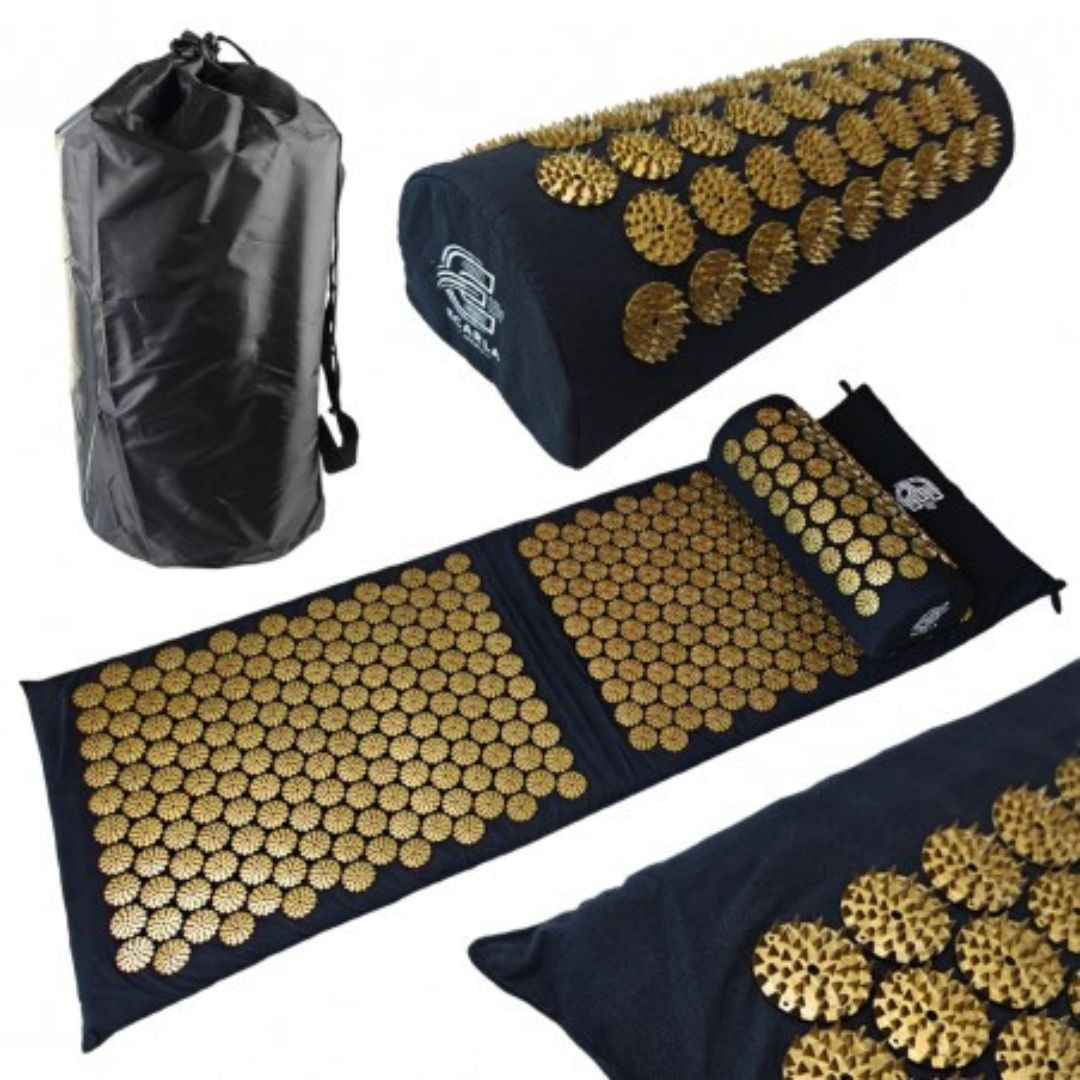 Saltea acupresura cu perna, pentru masaj si relaxare, Ecarla, 116x43 cm, negru-auriu, cu husa transport — imaginea 4