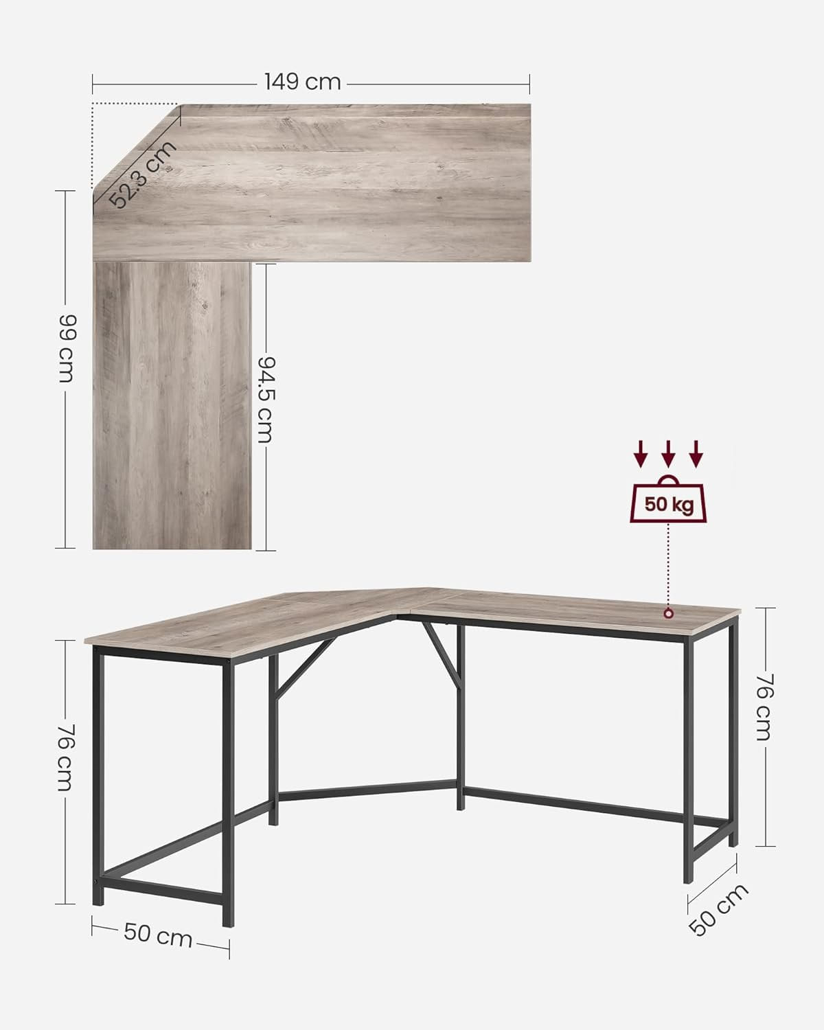 Birou de colt in forma L, cadru metalic, stil industrial, 149x149x76 cm, gri stejar — imaginea 3