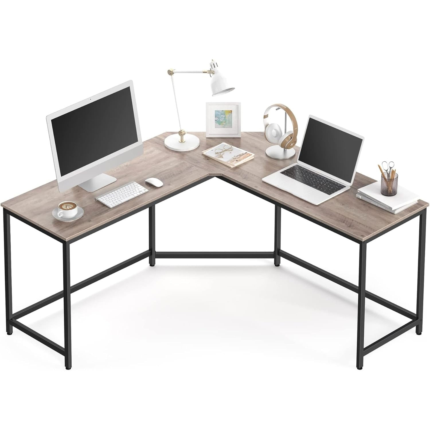 Birou de colt in forma L, cadru metalic, stil industrial, 149x149x76 cm, gri stejar — imaginea 4