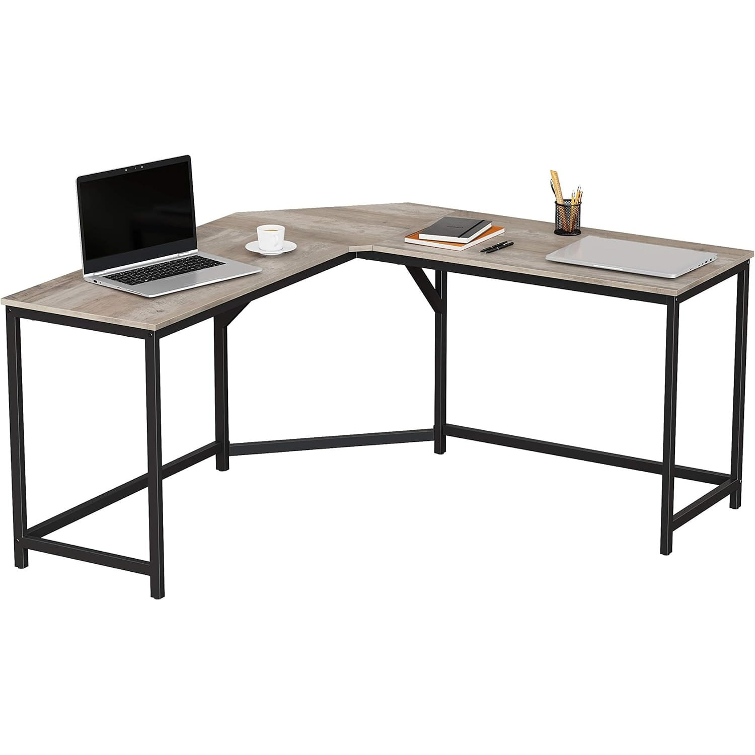 Birou de colt in forma L, cadru metalic, stil industrial, 149x149x76 cm, gri stejar — imaginea 5