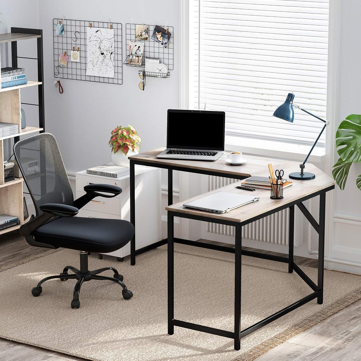 Birou de colt in forma L, cadru metalic, stil industrial, 149x149x76 cm, gri stejar — imaginea 6