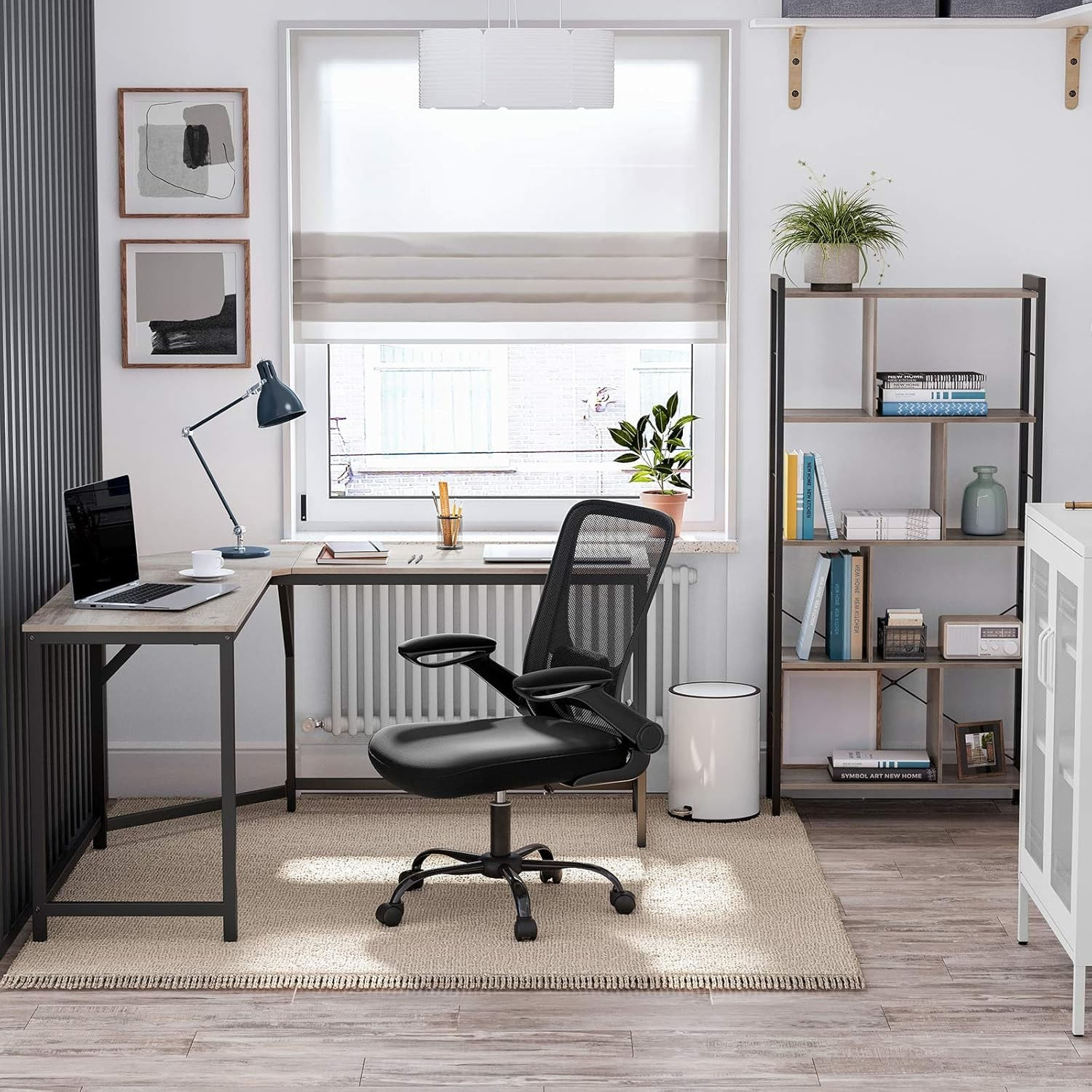 Birou de colt in forma L, cadru metalic, stil industrial, 149x149x76 cm, gri stejar — imaginea 7