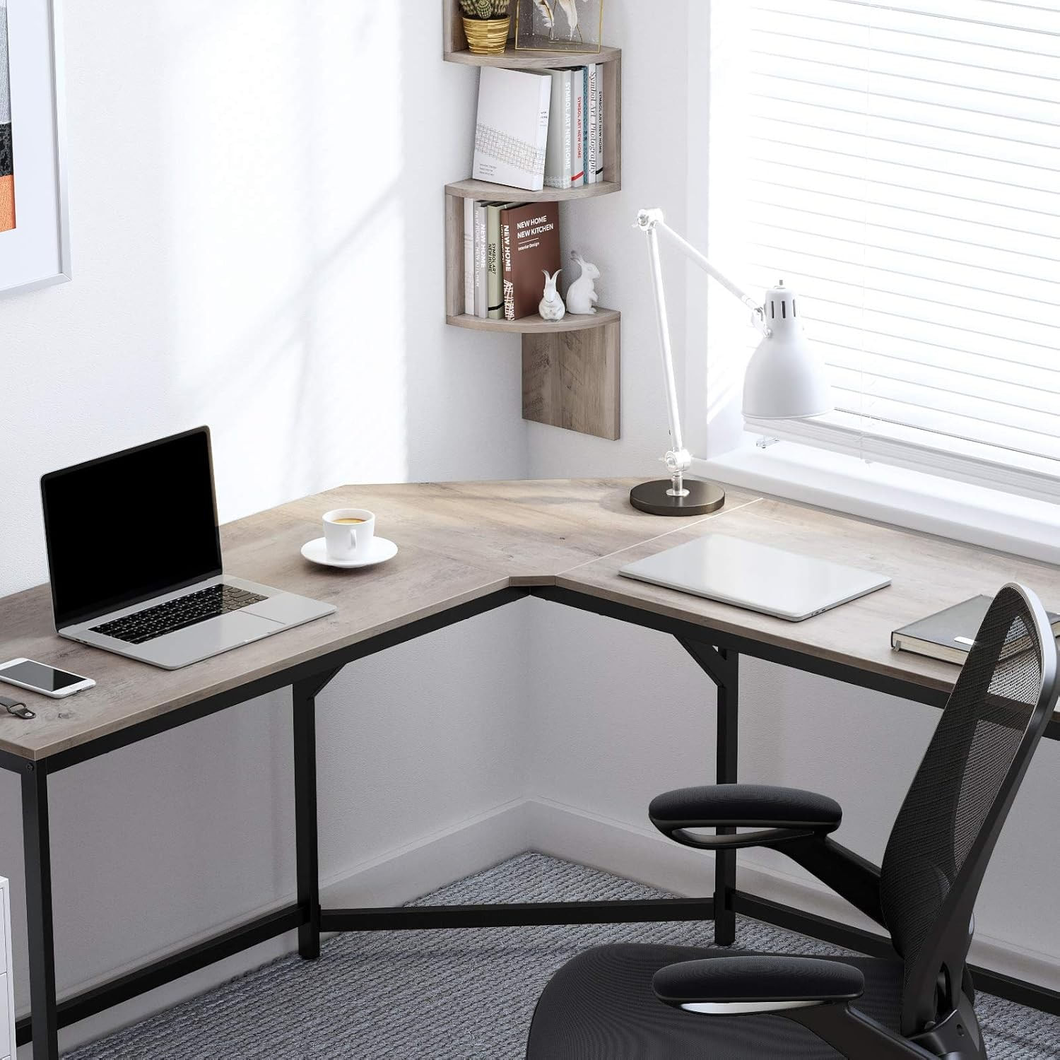 Birou de colt in forma L, cadru metalic, stil industrial, 149x149x76 cm, gri stejar — imaginea 9