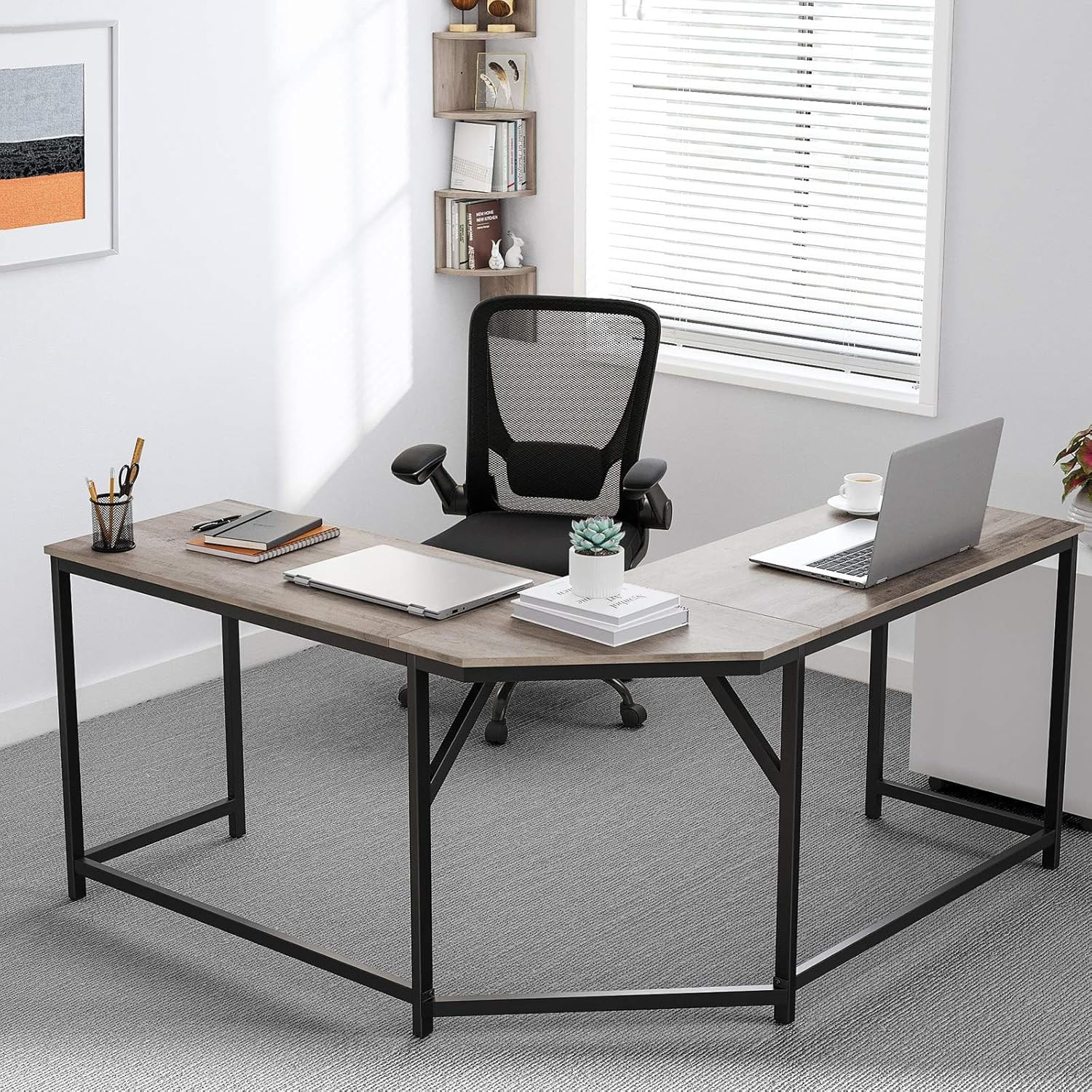 Birou de colt in forma L, cadru metalic, stil industrial, 149x149x76 cm, gri stejar — imaginea 10