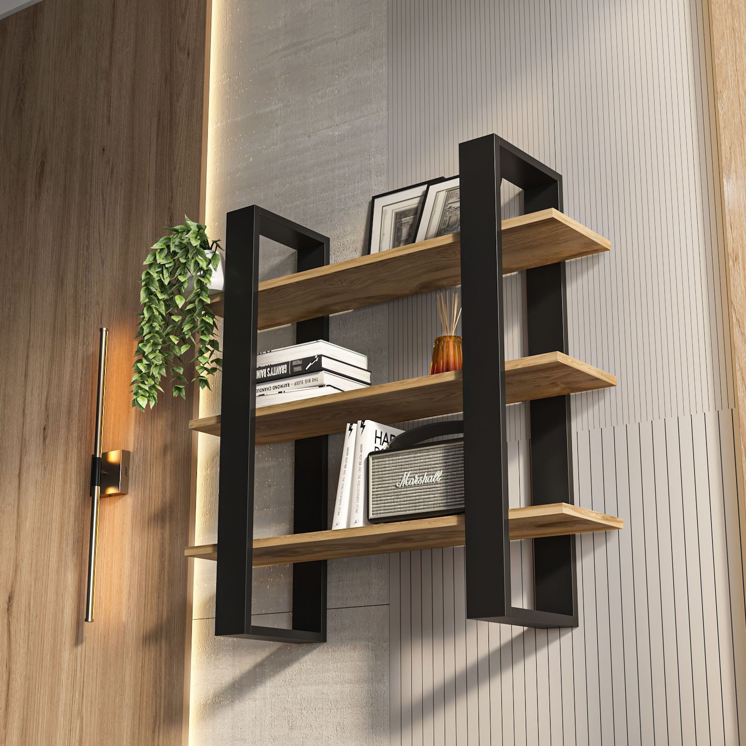 Raft perete Hanah Home, PAL melaminat, 90 x 22 x 90 cm, negru/oud stejar, 875ZNA4732 — imaginea 2