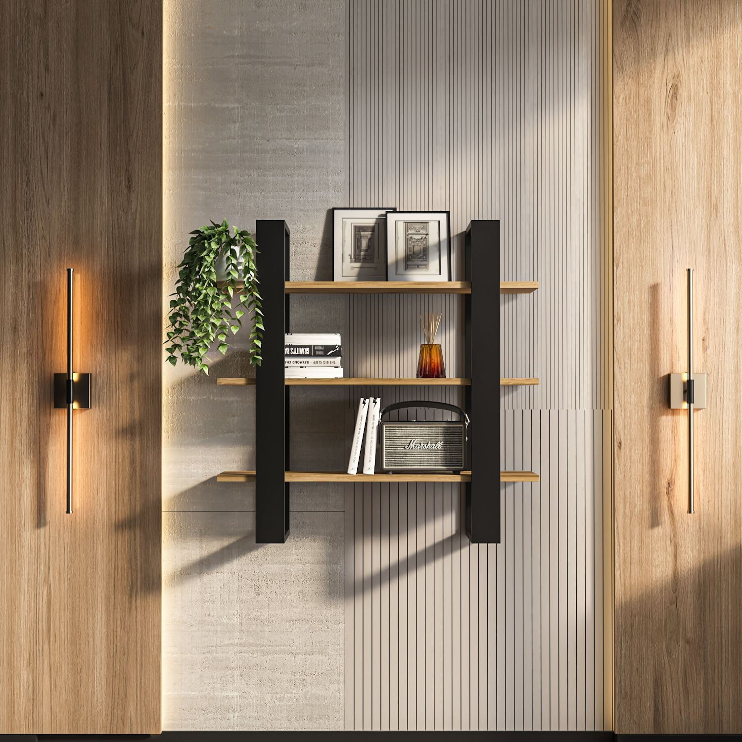 Raft perete Hanah Home, PAL melaminat, 90 x 22 x 90 cm, negru/oud stejar, 875ZNA4732 — imaginea 4