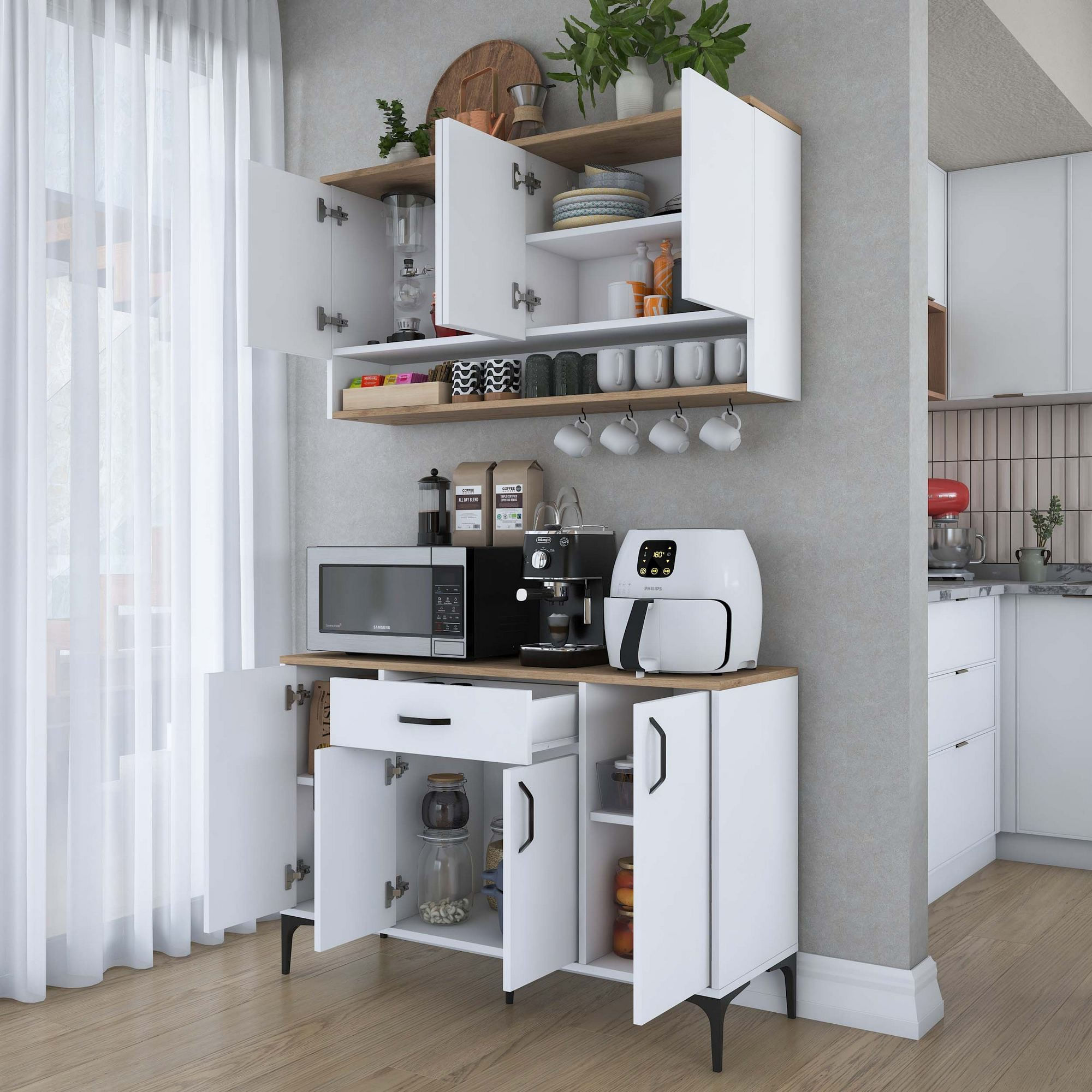 Suport cafea Hanah Home, PAL 100%, 120 x 40 x 140.4 cm, nuc și alb, 893RAN5507 — imaginea 8