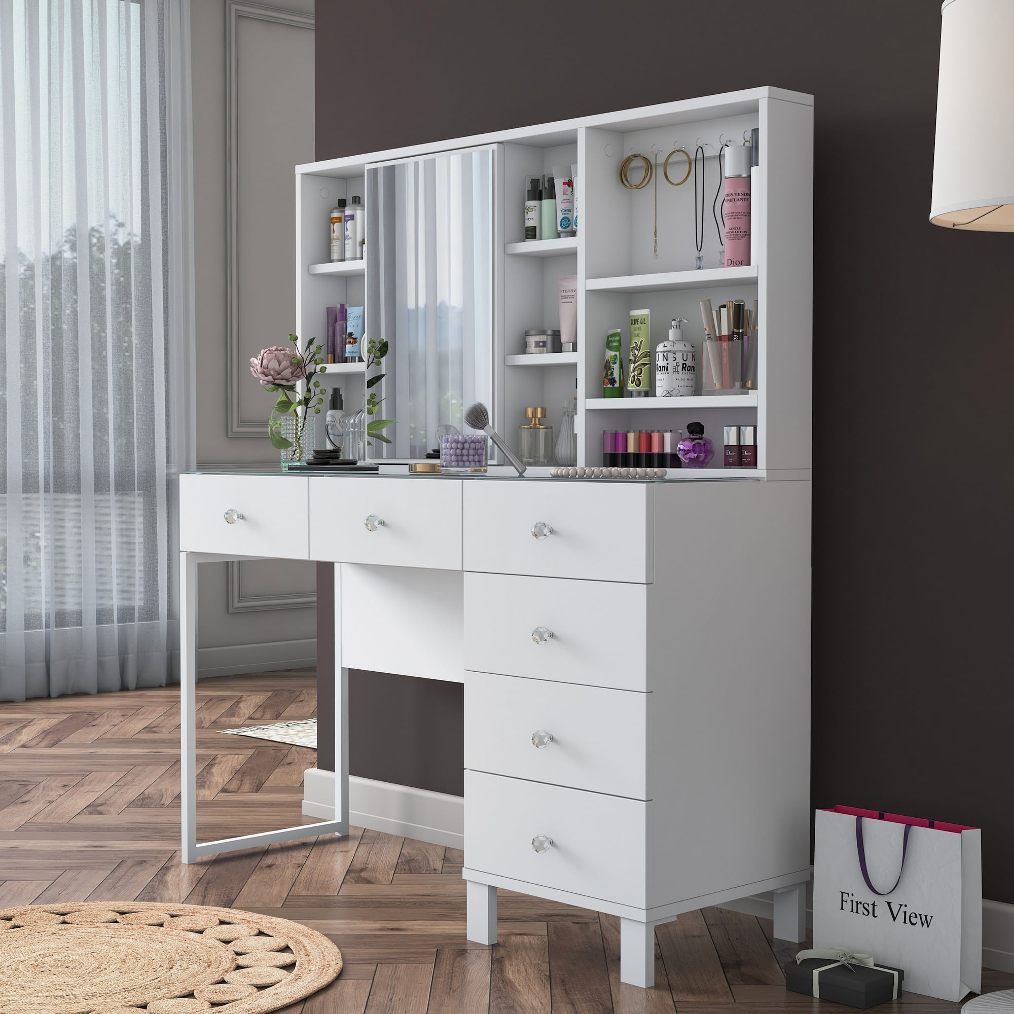 Masă machiaj Hanah Home, PAL melaminat, 120 x 40 x 136.8 cm, alb, 893RAN4985 — imaginea 12
