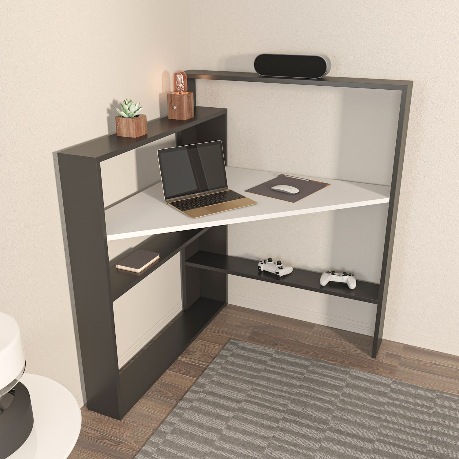 Birou studiu Hanah Home, PAL melaminat, 93.6 x 114 cm, negru/alb, 875ZNA4635 — imaginea 3