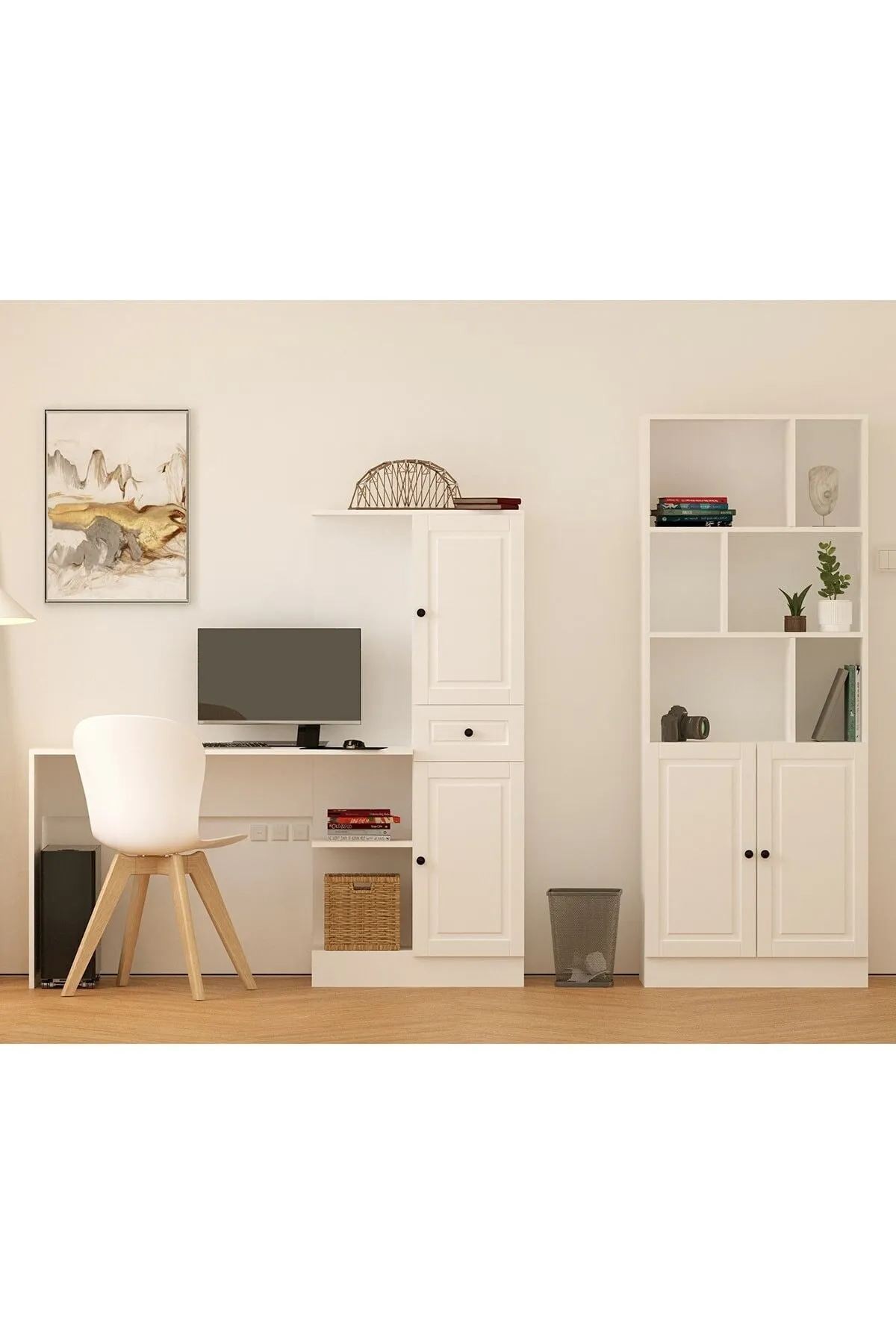 Birou cu bibliotecă Hanah Home, PAL melaminat, 155 x 40 x 150 cm, alb mat, 167RAB1708 — imaginea 3