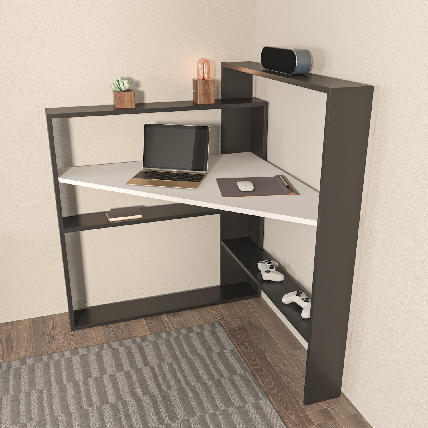 Birou studiu Hanah Home, PAL melaminat, 93.6 x 114 cm, negru/alb, 875ZNA4635 — imaginea 4