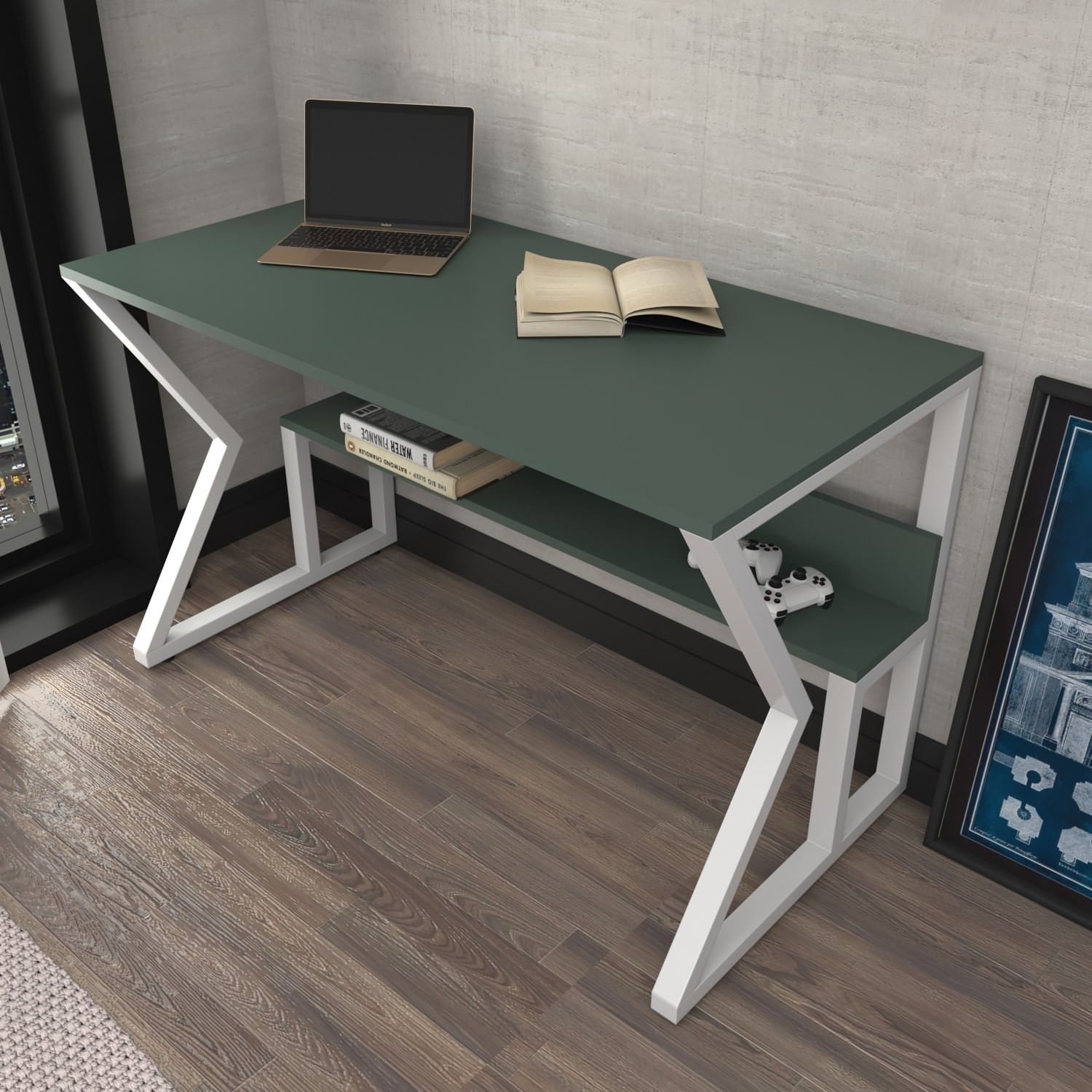 Birou studiu Hanah Home, PAL melaminat, 120 x 60 x 72.8 cm, verde/alb, 875ZNA4576 — imaginea 3