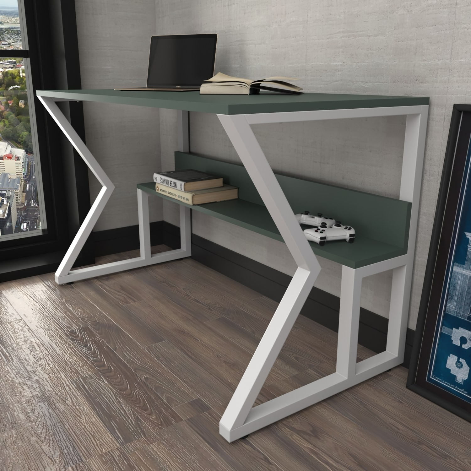 Birou studiu Hanah Home, PAL melaminat, 120 x 60 x 72.8 cm, verde/alb, 875ZNA4576 — imaginea 4