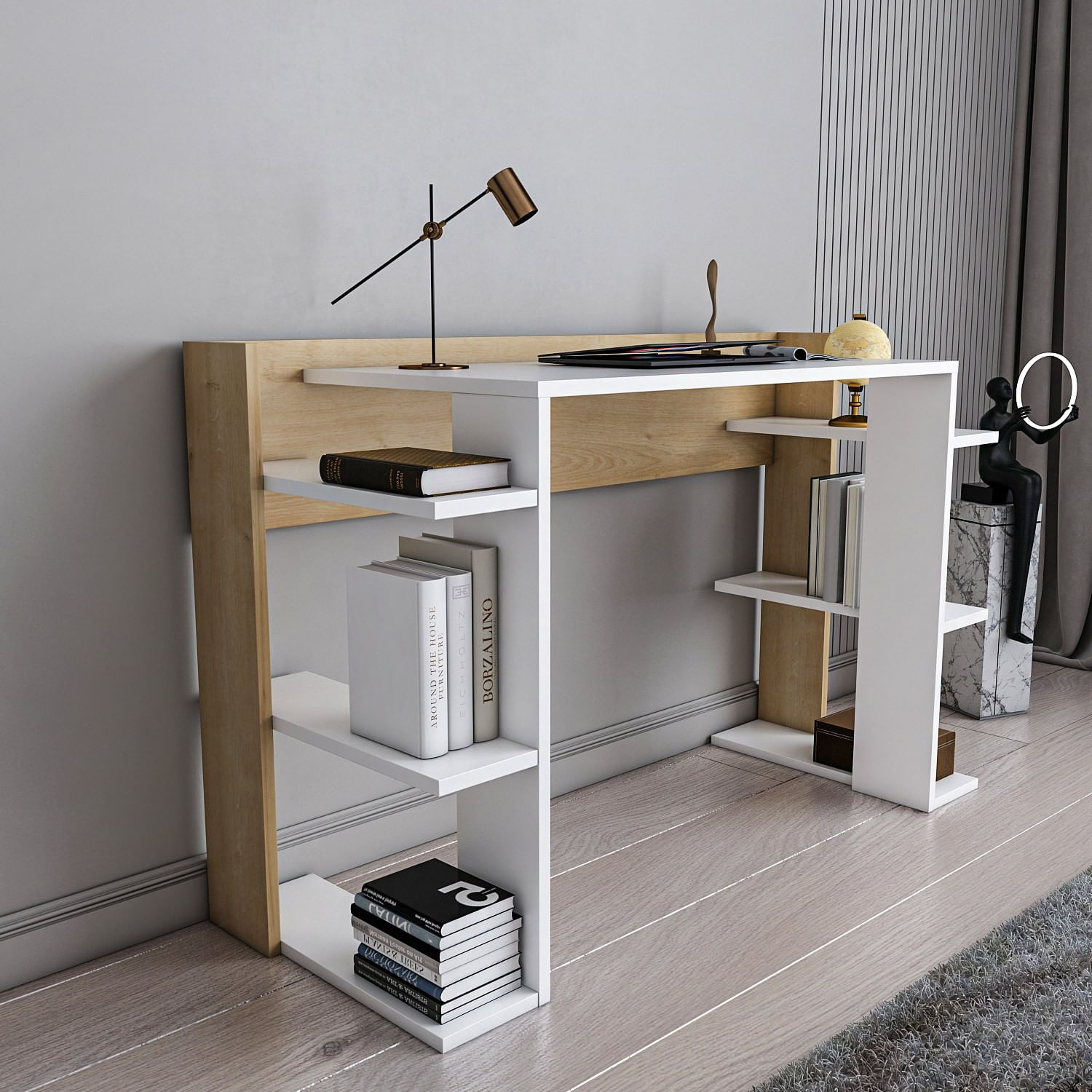 Birou studiu Hanah Home, PAL melaminat, 122.7 x 45 x 77 cm, alb/stejar, 875ZNA4631 — imaginea 3