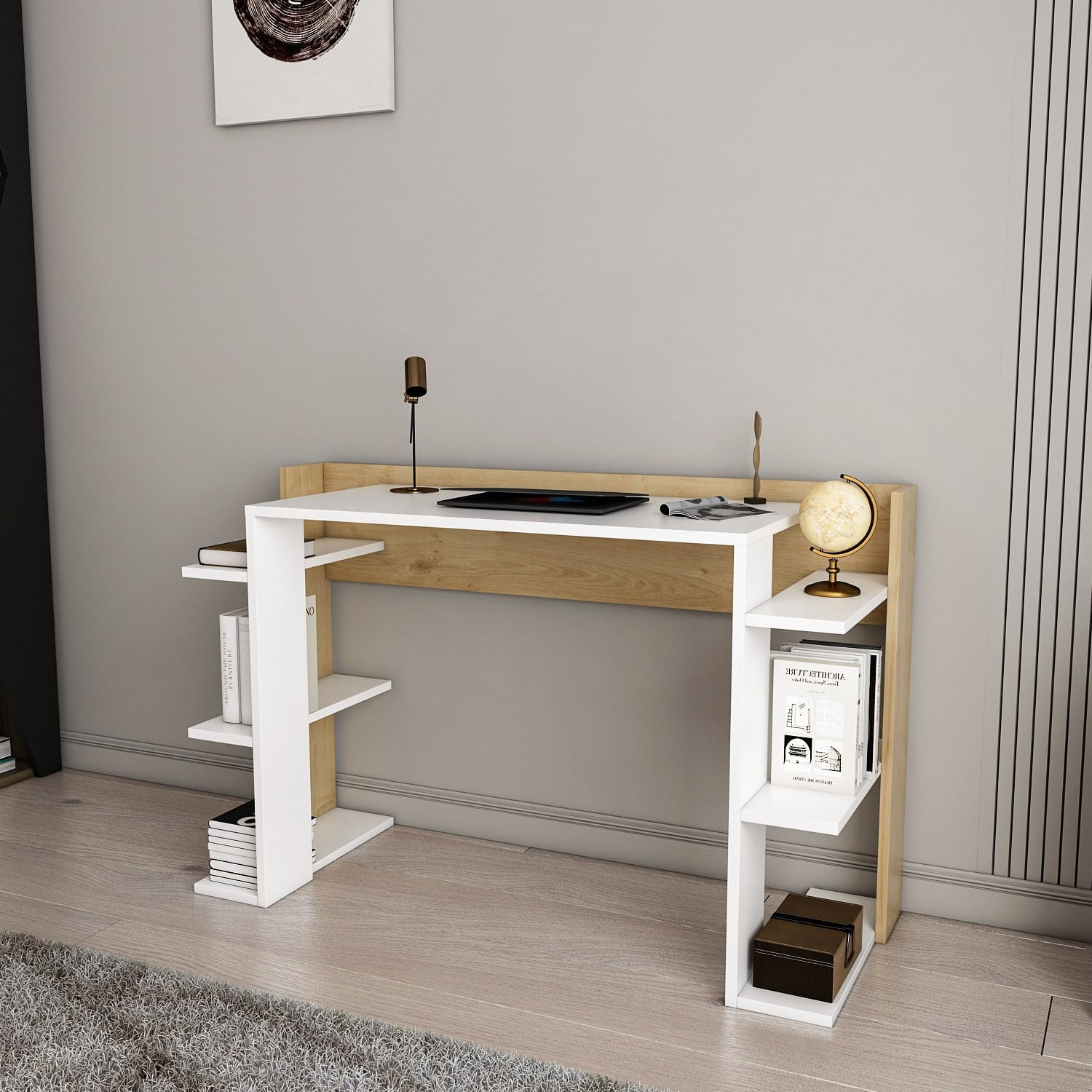 Birou studiu Hanah Home, PAL melaminat, 122.7 x 45 x 77 cm, alb/stejar, 875ZNA4631 — imaginea 4