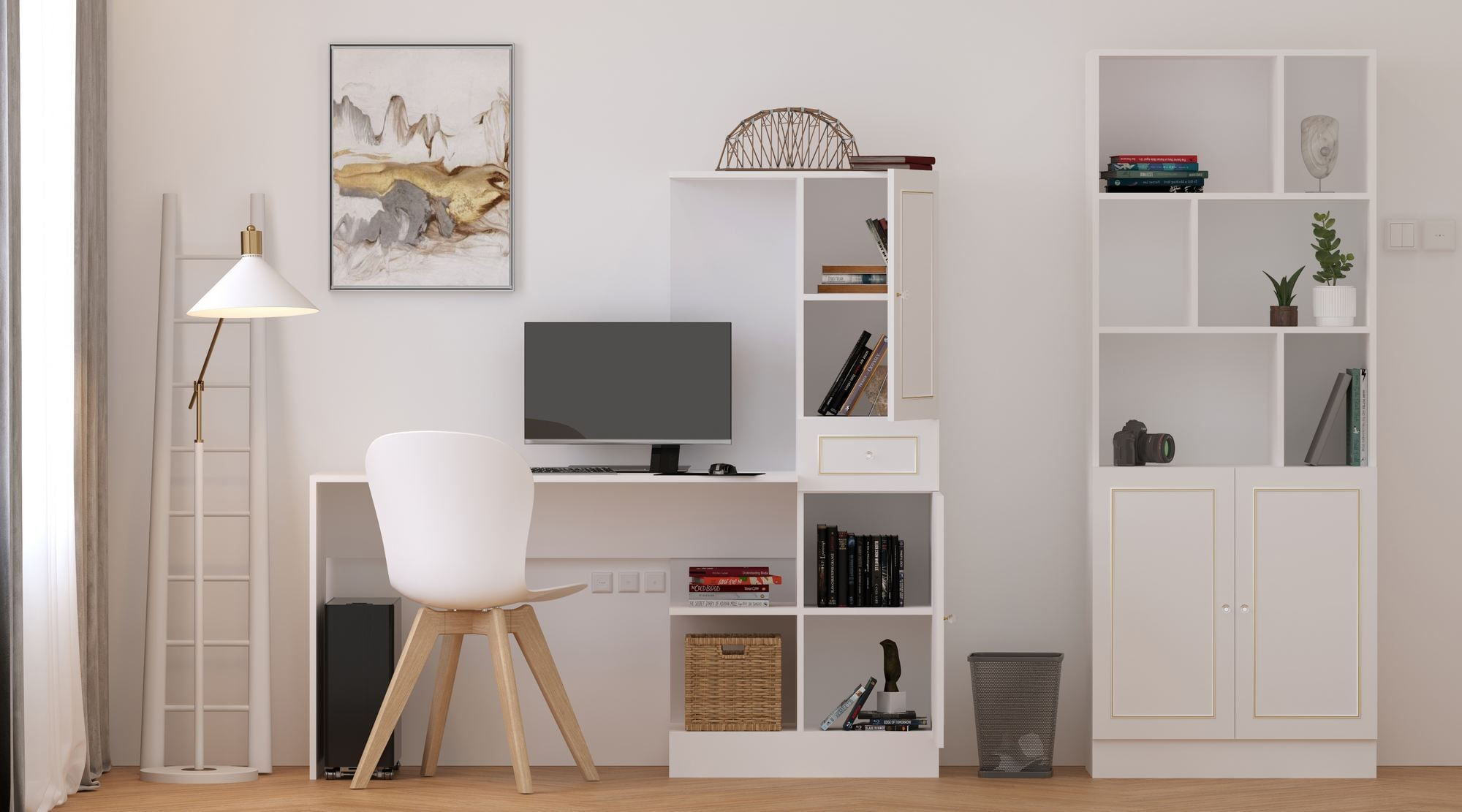 Birou cu bibliotecă Hanah Home, PAL melaminat, 120 x 40 x 75 cm, alb mat, 167RAB1702 — imaginea 3