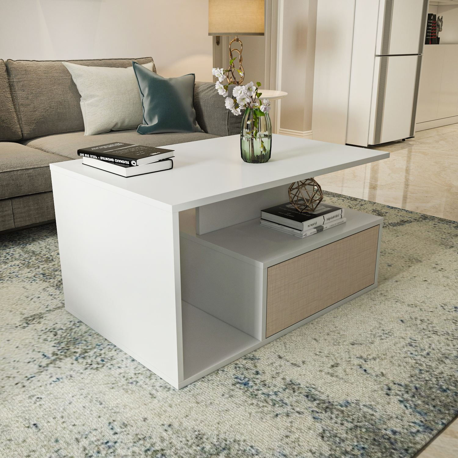 Măsuță cafea Hanah Home, PAL melaminat, 90 x 60 x 48.6 cm, bej/alb, 875ZNA2816 — imaginea 2