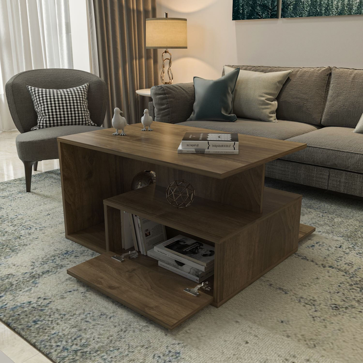 Măsuță cafea Hanah Home, PAL melaminat, 90 x 60 x 48.6 cm, nuc, 875ZNA2815 — imaginea 3