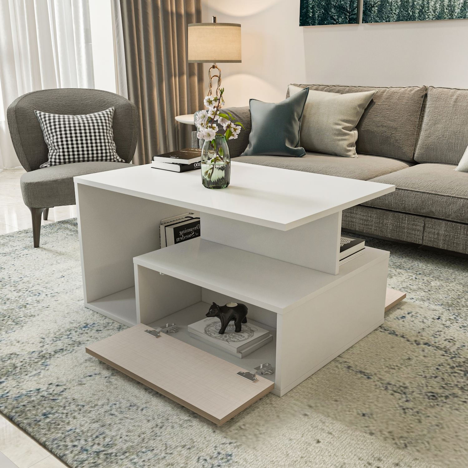 Măsuță cafea Hanah Home, PAL melaminat, 90 x 60 x 48.6 cm, bej/alb, 875ZNA2816 — imaginea 4