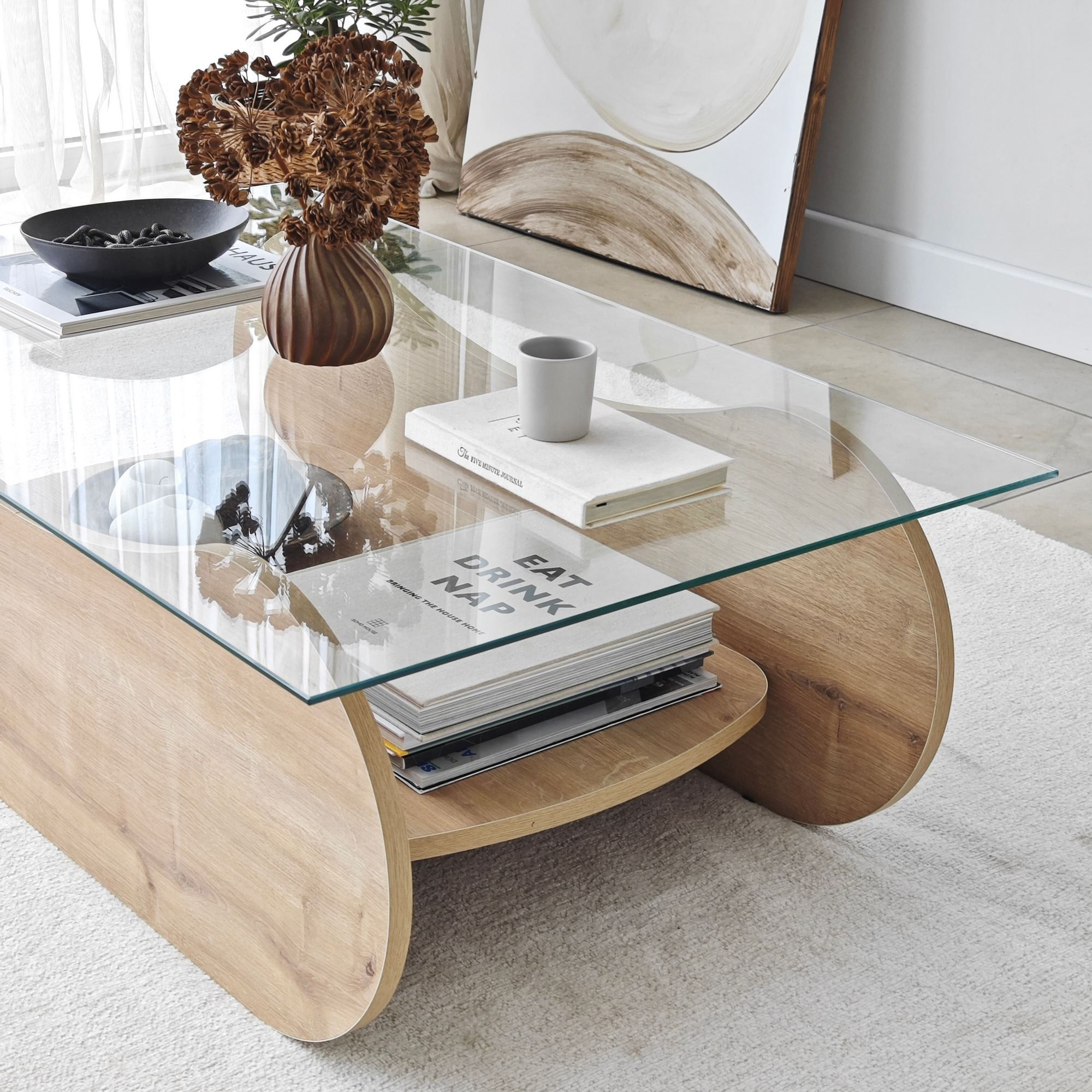 Măsuță cafea Hanah Home, PAL melaminat, 105 x 65 x 35 cm, sapphire stejar/transparent, 552NOS2558 — imaginea 10